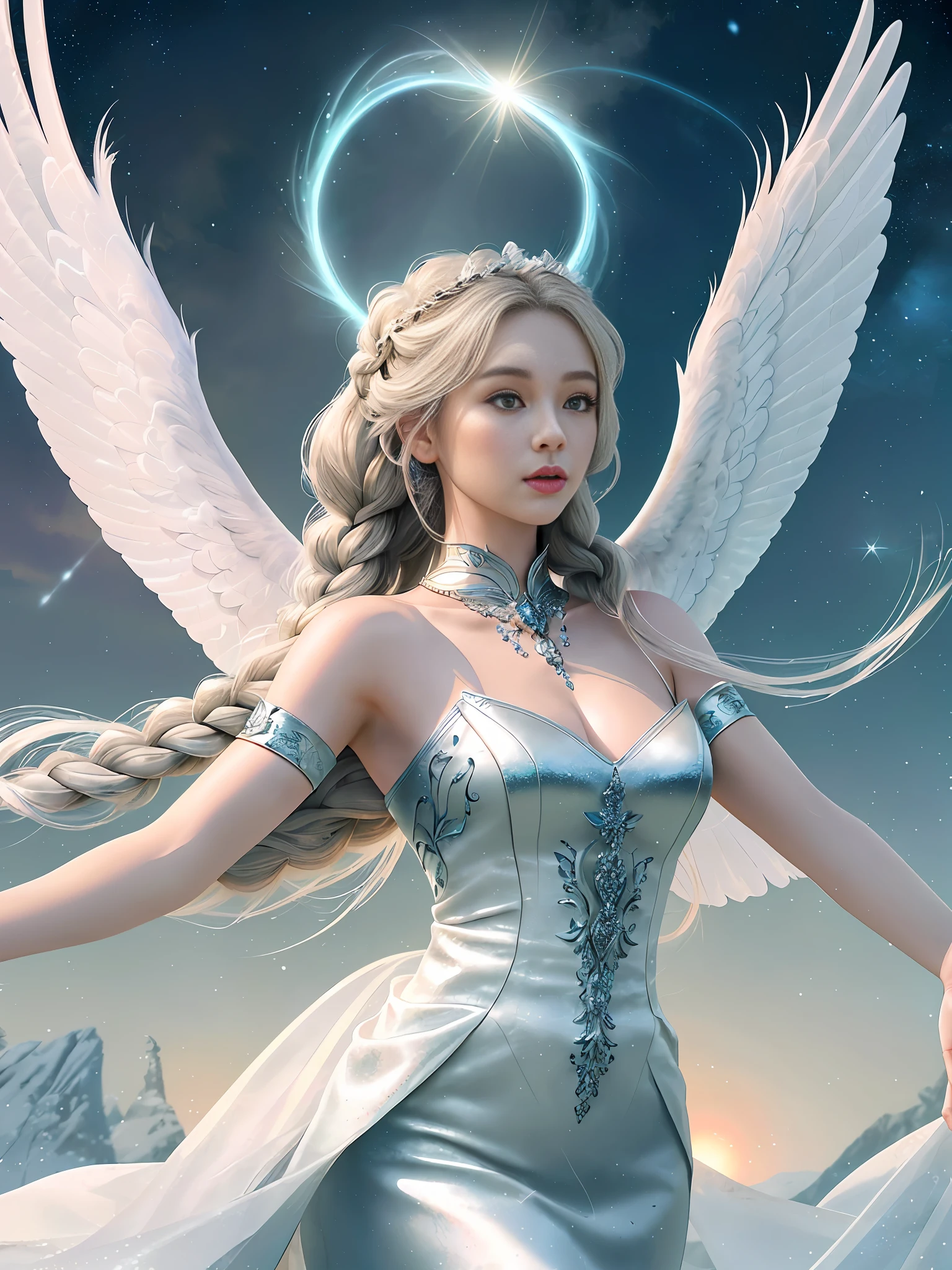 (Masterpiece, Best Quality, Realism, High Detail, Octane Rendering, Unreal Engine, 8k HD, Ultra Detail, Realistic Skin Texture, Best Quality, Ultra High Resolution, Raw Photos, Dramatic Lighting, Unreal Engine, Diffuse Glow, Dynamic Pose), a female archangel with beautiful features may have a striking ethereal look, Fan Bingbing's face, will inspire awe and wonder for anyone who sees her. She may have a pair of harsh blue or green eyes that seem to radiate an inner glow, with long lashes brushing over her delicate cheekbones. Her skin may be a porcelain pale, with a soft rosy blush highlighting her high cheekbones.

Her hair may be long and flowing, strands of blonde or silver hair shining like stars in the sun. It may be braided into intricate braids or loose waves cascading down her back, or it may be pulled back into an elegant updo to show off her elegant neck.

Her wings will be spectacular, her feathers as white as snow, shining with an otherworldly light. They may be large and imposing, giving her an aura of strength and majesty, or perhaps delicate and complex, reflecting her refined and elegant nature.

In short, a female archangel with beautiful characteristics will be a vision of divine beauty that radiates grace, power, and wonder in all who see her.