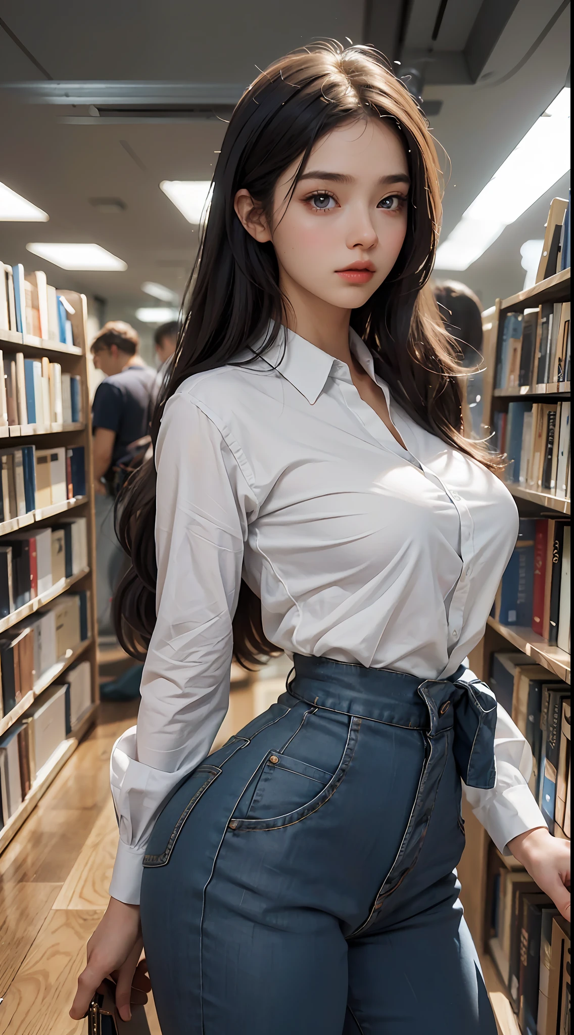 Best quality, masterpiece, super high resolution, realistic, a girl, (pretty face: 1.4), blue collar white shirt, black sweatpants (big breasts, narrow waist), long hair, in the library, bokeh, beautiful lights, shiny skin