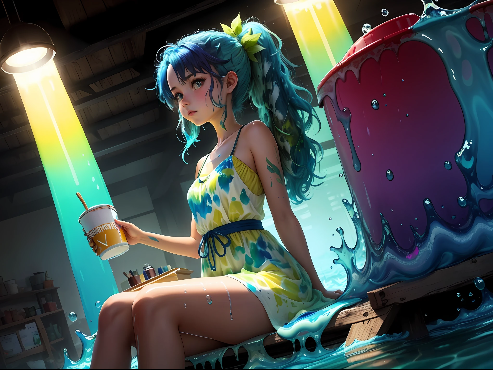 A girl is sitting ,(( a very large brush)), ((Paint Slime smearpackages around it a lot of colored sides))and the girl is holding a cup stained with paint, and the dress is stained with paint, beautiful and cute, dark blue hair, green hair, hair between eyes, long hair, split ponytail, leaf hair ornament, dilated pupils, long pointy ears, glowing light, partially underwater shot, wide shot, Low-Angle, super detail
