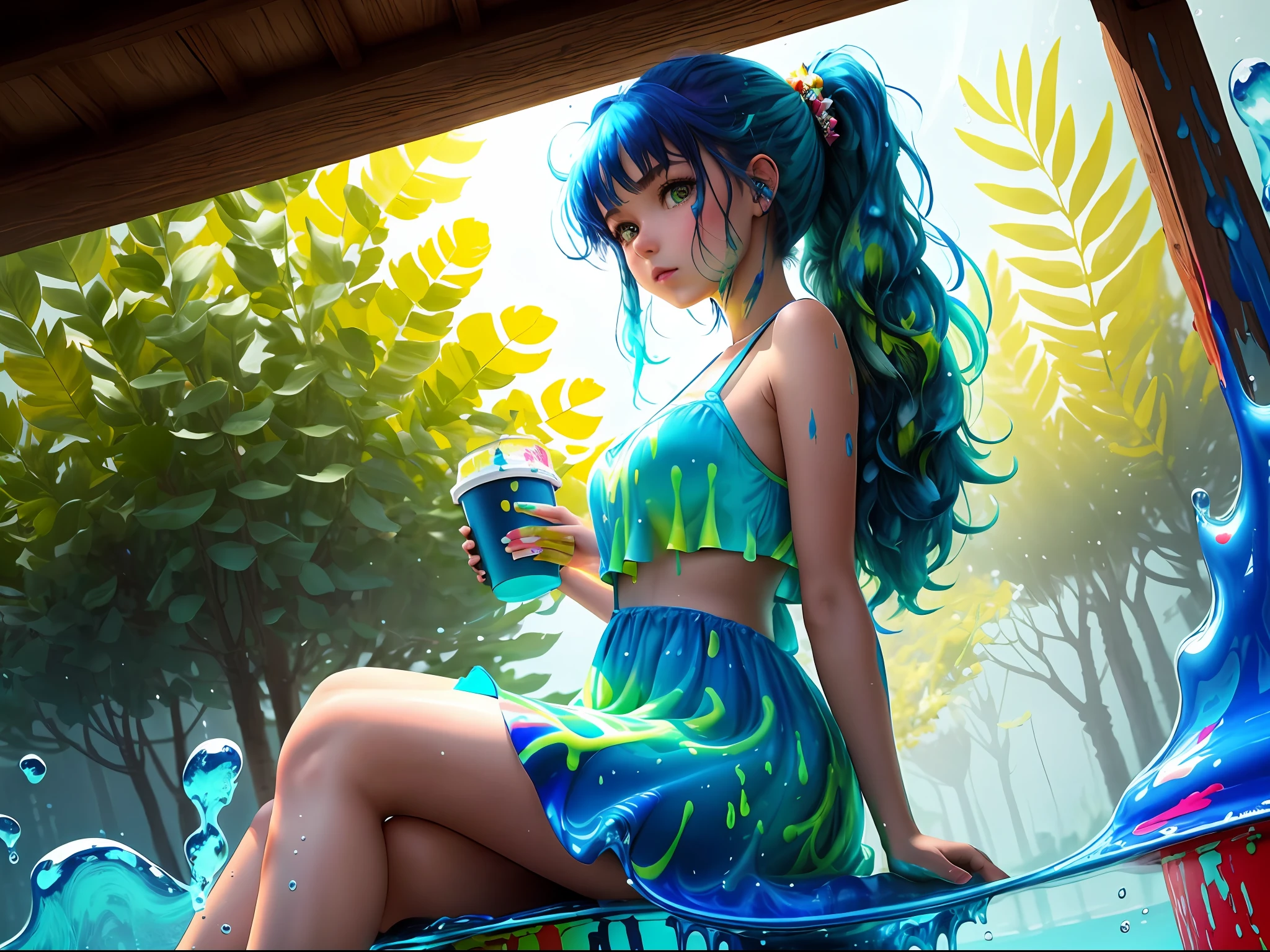 A girl is sitting ,(( a very large brush)), ((Paint Slime circular packages around it a lot of colored sides))and the girl is holding a cup stained with paint, and the dress is stained with paint, beautiful and cute, dark blue hair, green hair, hair between eyes, long hair, split ponytail, leaf hair ornament, dilated pupils, long pointy ears, glowing light, partially underwater shot, wide shot, Low-Angle, super detail