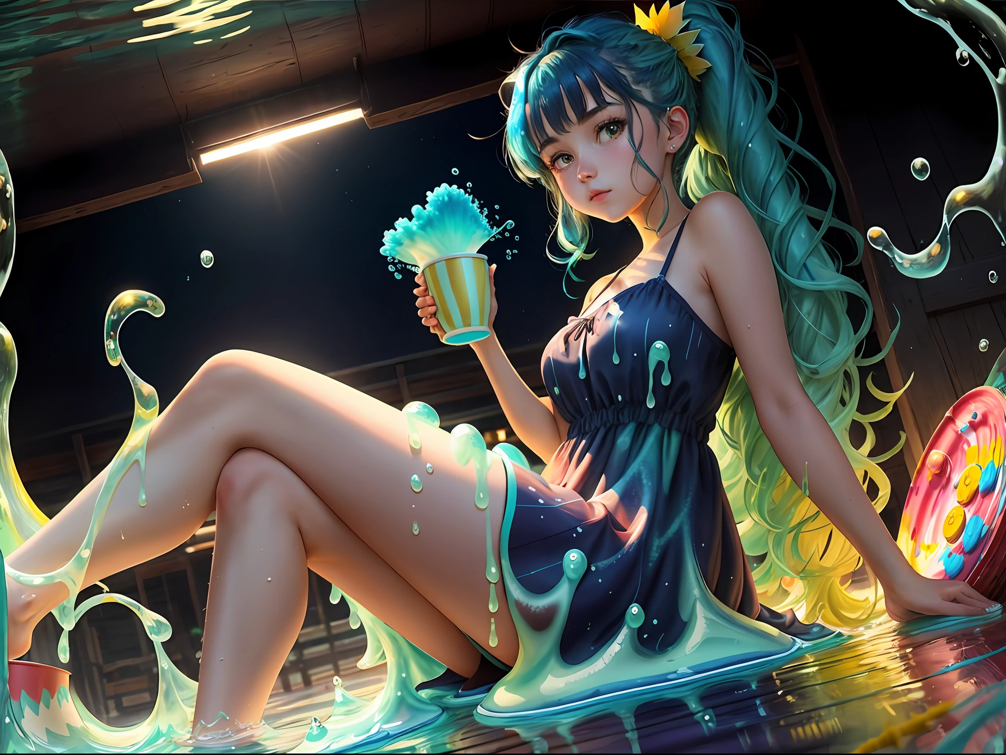 A girl is sitting ,(( a very large brush)), ((Paint Slime circular packages around it a lot of colored sides))and the girl is holding a cup stained with paint, and the dress is stained with paint, beautiful and cute, dark blue hair, green hair, hair between eyes, long hair, split ponytail, leaf hair ornament, dilated pupils, long pointy ears, glowing light, partially underwater shot, wide shot, Low-Angle, super detail