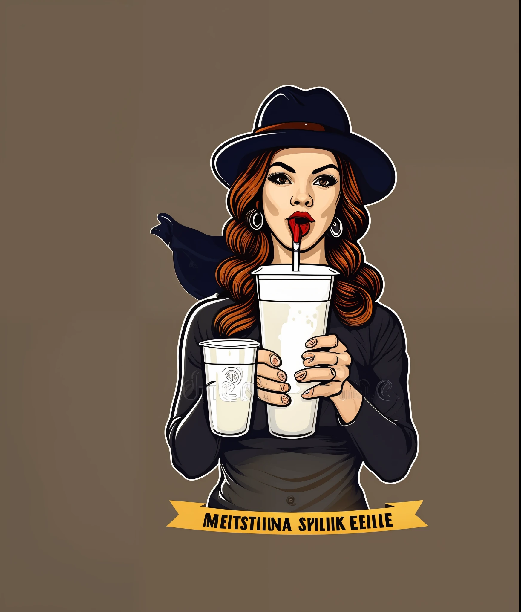 Beautiful girl sipping cold milk, vintage style, (t-shirt design), realistic volumetric masterpiece light