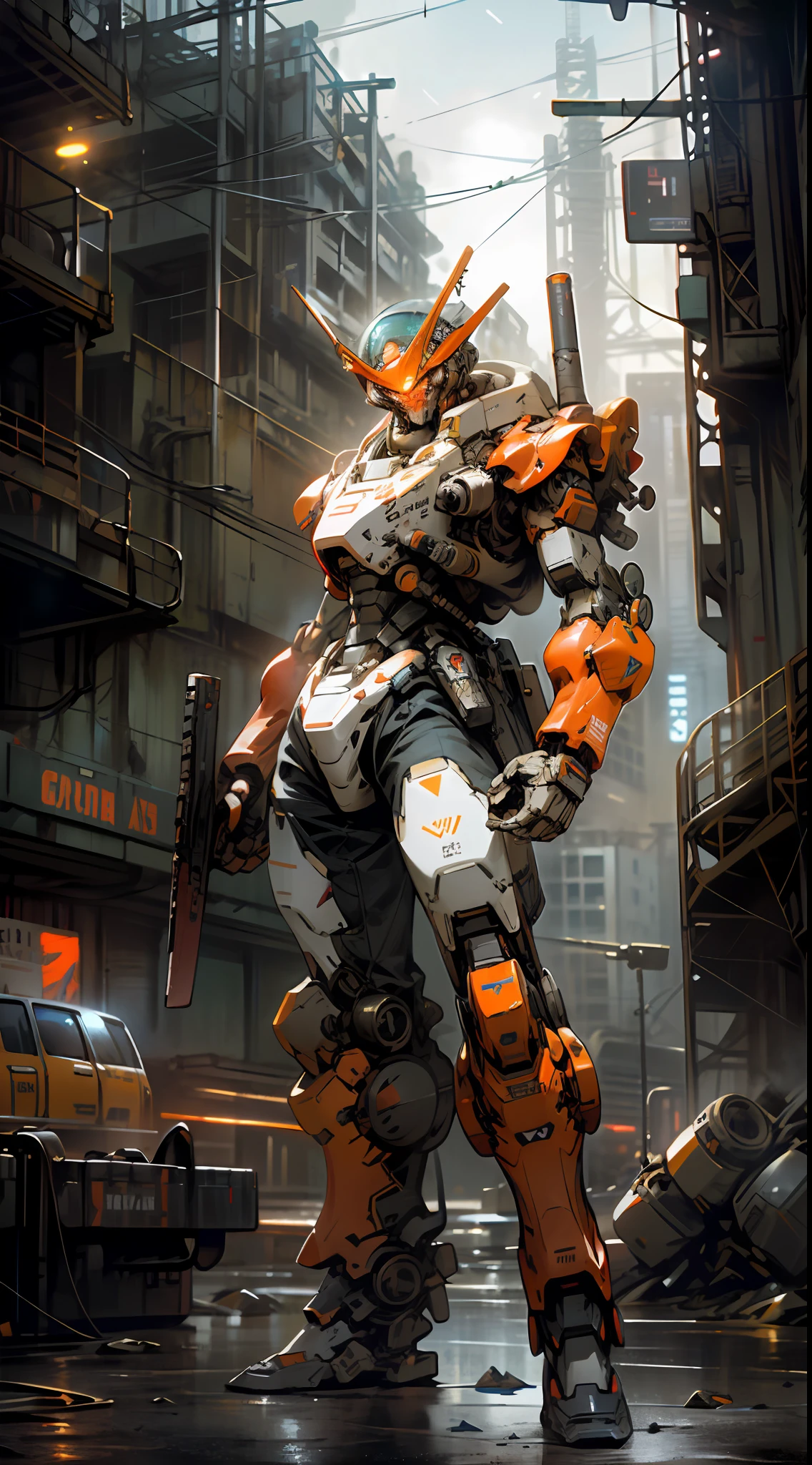 On the moon,barren planets, ruins, holding_weapon, no_humans, glowing, robot, building, glowing_eyes,orange mecha, science_fiction, city, realistic,mecha,Milky Way Galaxy background,neon,cyberpunk,