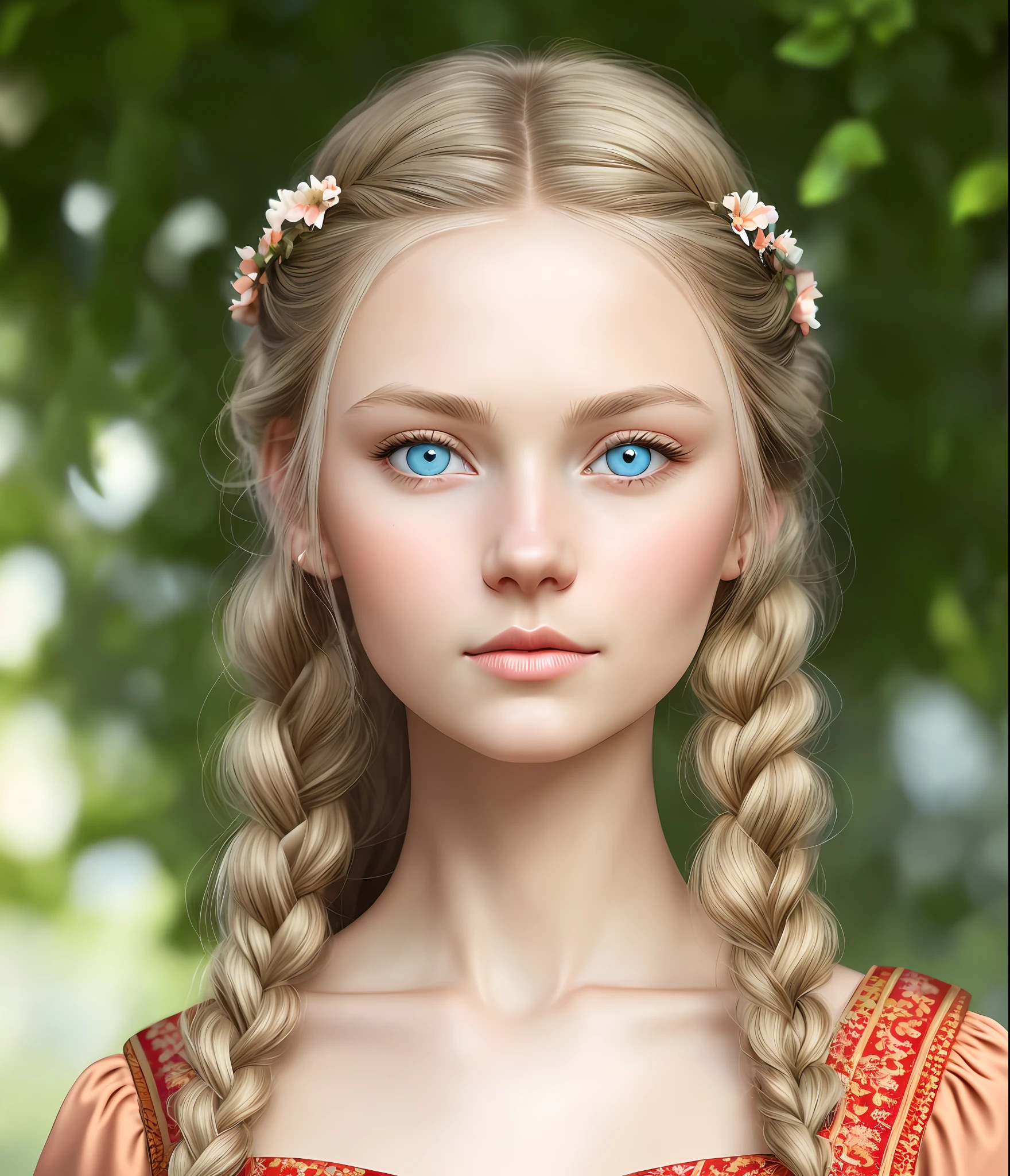 Turn the image into an avatar masterpiece, caucasian woman, traditional red dress from austria, stunning young woman, very soft light peach lips, thin lips, tan skin, detailed symmetric light blue eyes with circular iris, extremely detailed skin texture, peach fuzz, realistic, live action, photograph, above the waist, very cute, beautiful face, well groomed face, beautiful sad eyes, very cute, remove eyebrows, perfect anatomy, (light blue eyes), long dark blond straight hair, bangs, 8k resolution, human hands, highly detailed, smooth, stunningly beautiful, cinematic, detailed german hair braid, garden in the background