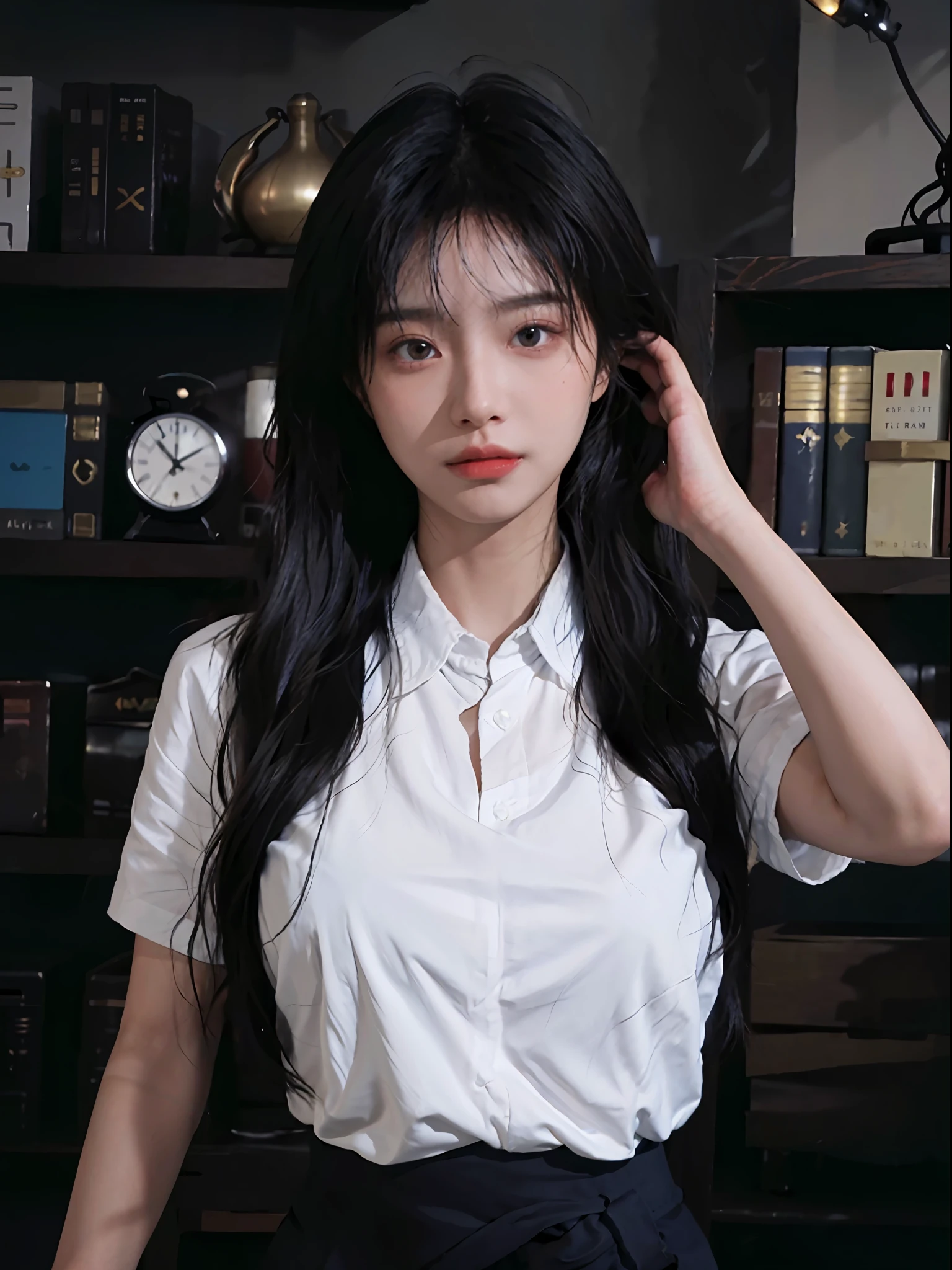 Best quality, masterpiece, super high resolution, realistic, a girl, (pretty face: 1.4), blue collar white shirt, black sweatpants (big breasts, narrow waist), long hair, in the library, bokeh, beautiful lights, shiny skin