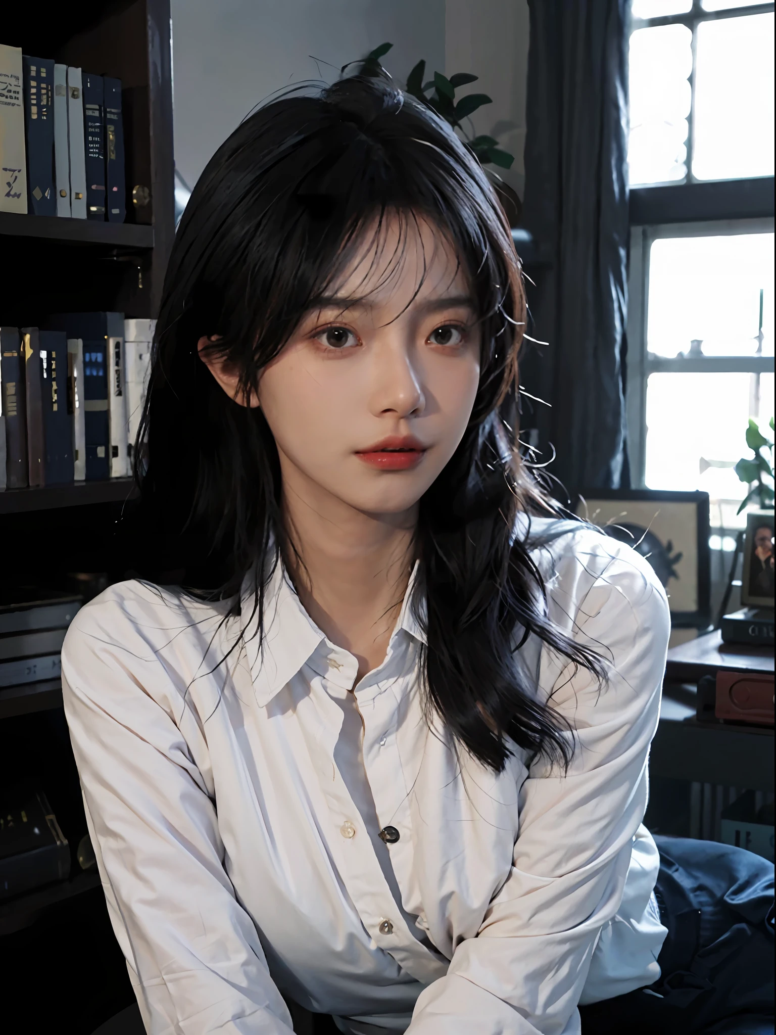 Best quality, masterpiece, super high resolution, realistic, a girl, (pretty face: 1.4), blue collar white shirt, black sweatpants (big breasts, narrow waist), long hair, in the library, bokeh, beautiful lights, shiny skin
