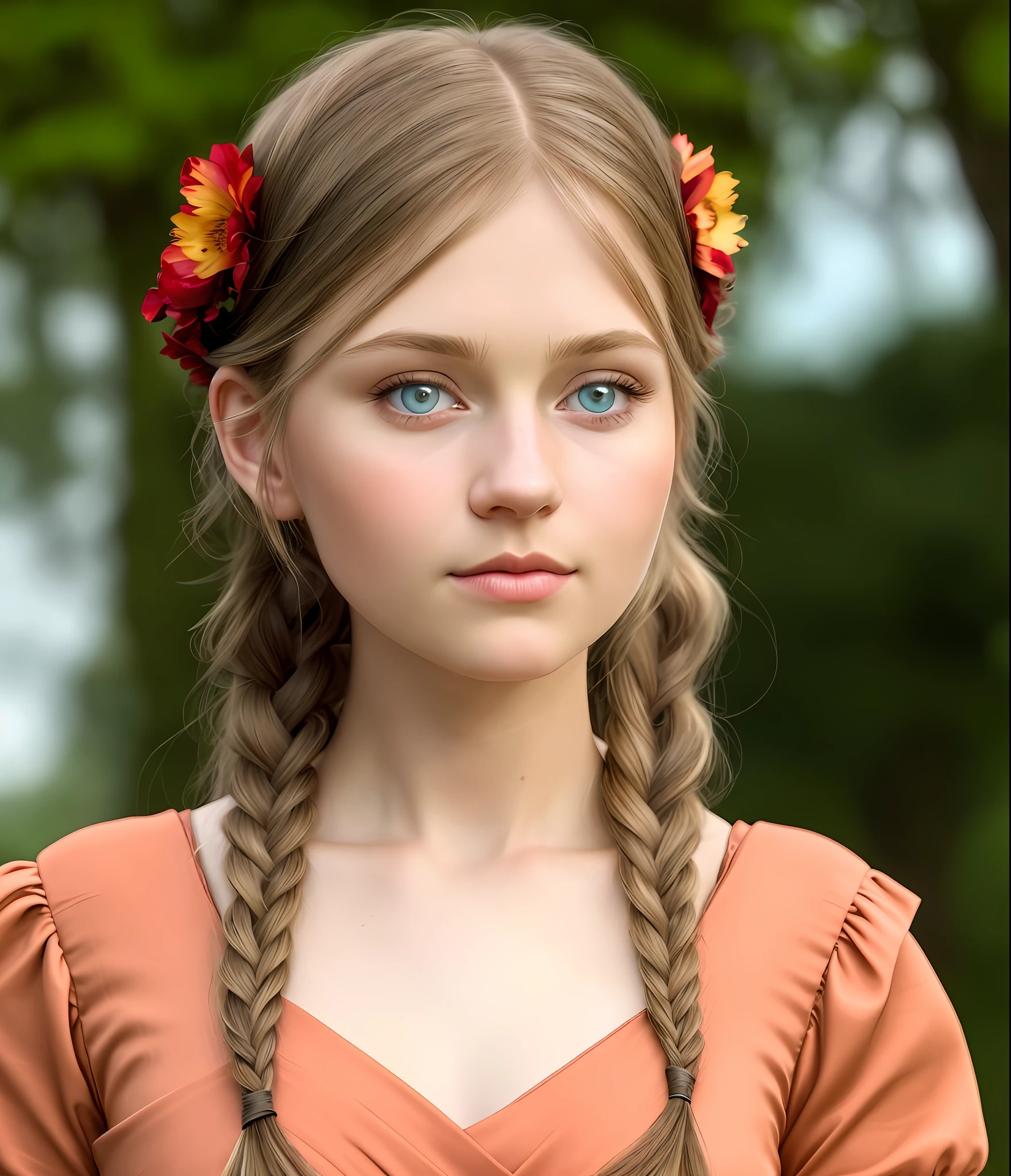 Turn the image into an avatar masterpiece, caucasian woman, traditional red dress from austria, stunning young woman, very soft light peach lips, thin lips, tan skin, detailed symmetric light blue eyes with circular iris, extremely detailed skin texture, peach fuzz, realistic, live action, photograph, above the waist, very cute, beautiful face, well groomed face, beautiful sad eyes, very cute, remove eyebrows, perfect anatomy, (light blue eyes), long dark blond straight hair, bangs, 8k resolution, human hands, highly detailed, smooth, stunningly beautiful, cinematic, detailed german hair braid, garden in the background