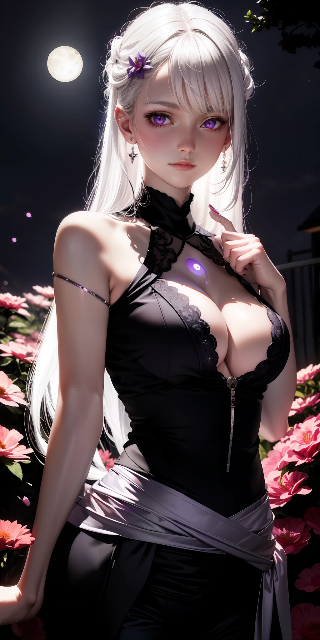 Realistic, 1girl, white hair, purple eyes, glowing eyes, cut top, skirt, biting lip, blushing, night, flowers, moon, moonlight, moonlight scattered on the body, light and dark, feminine expression,