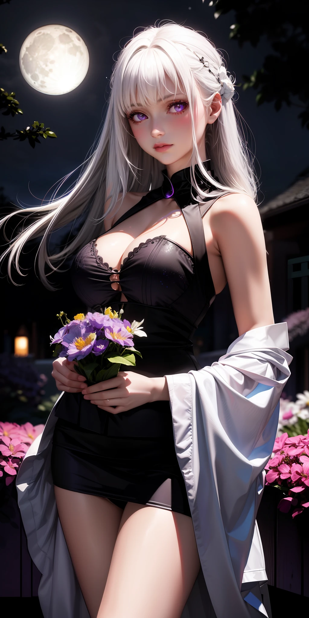 Realistic, 1girl, white hair, purple eyes, glowing eyes, cut top, skirt, biting lip, blushing, night, flowers, moon, moonlight, moonlight scattered on the body, light and dark, feminine expression,