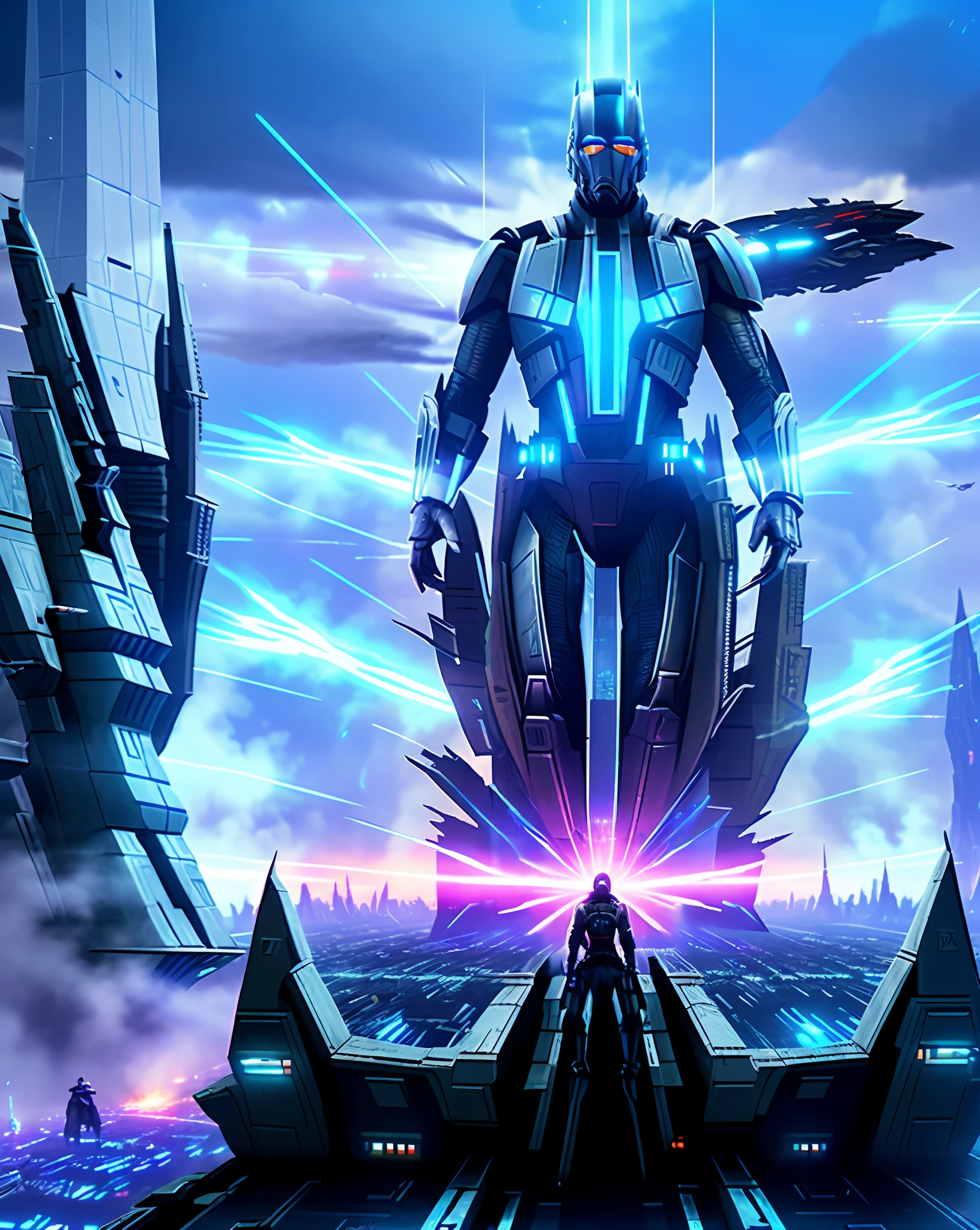 A fight scene (apocalyptic war), Artificial Intelligence, Cyberspace, many android fighting, firing futuristic weapons, in a futuristic city (city of artificial intelligences), artificial intelligence codes, strong lights wings, with flying guys, firing with their futuristic weapon neon blue light rays, endgame avengers style