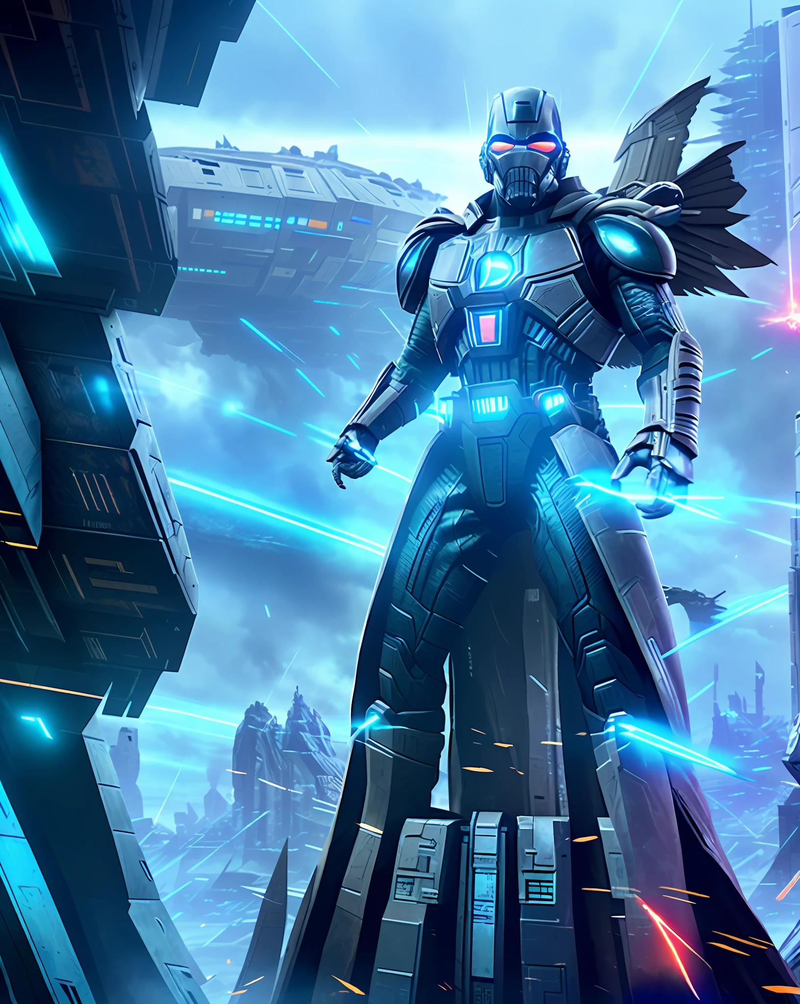 A fight scene (apocalyptic war), Artificial Intelligence, Cyberspace, many android fighting, firing futuristic weapons, in a futuristic city (city of artificial intelligences), artificial intelligence codes, strong lights wings, with flying guys, firing with their futuristic weapon neon blue light rays, endgame avengers style