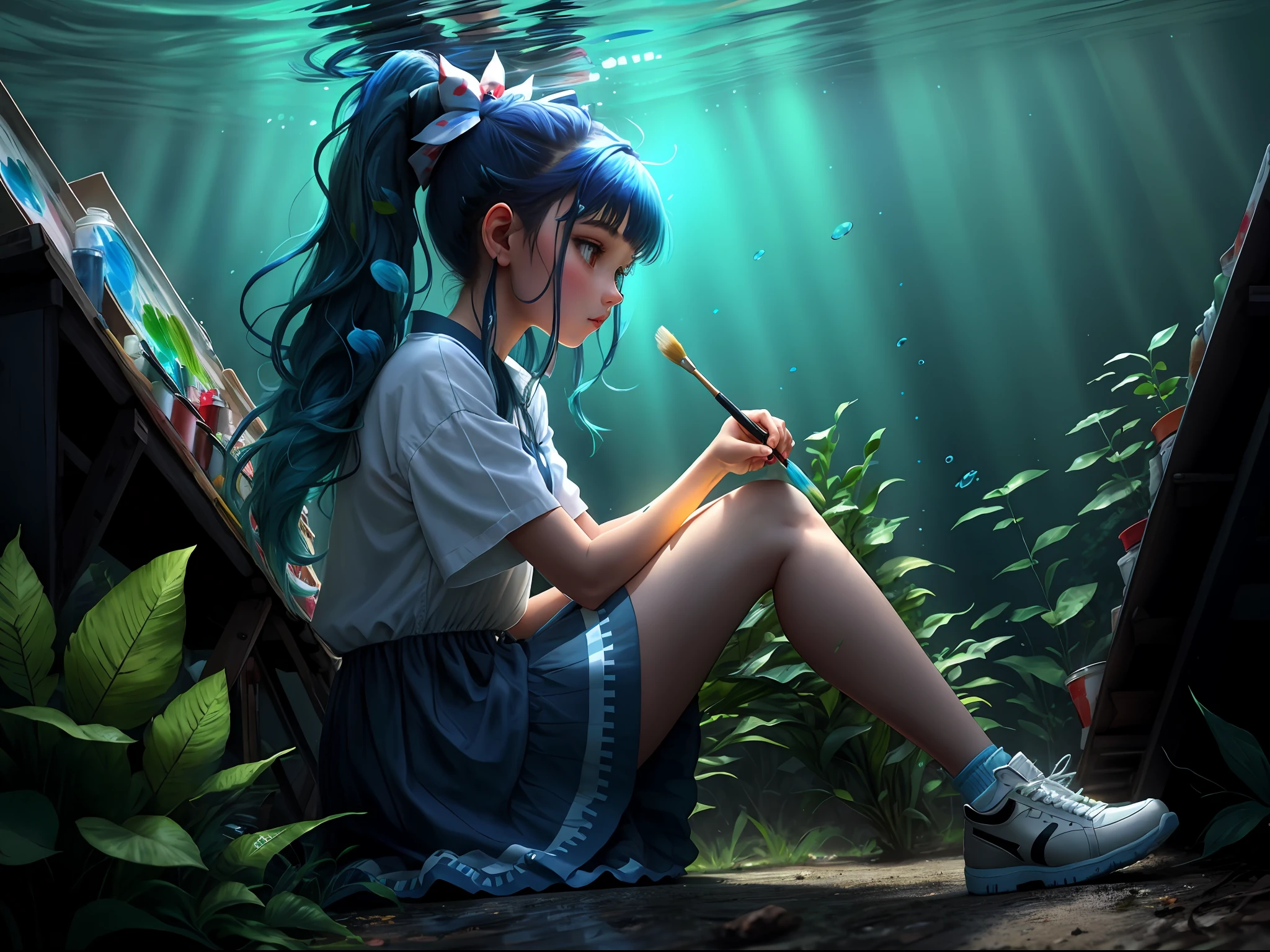 A girl is sitting on a paintbrush, a very large brush, and the girl is holding a cup stained with paint, and the dress is stained with paint, beautiful and cute, dark blue hair, green hair, hair between eyes, long hair, split ponytail, leaf hair ornament, dilated pupils, long pointy ears, smelling, glowing light, partially underwater shot, wide shot, Low-Angle, super detail