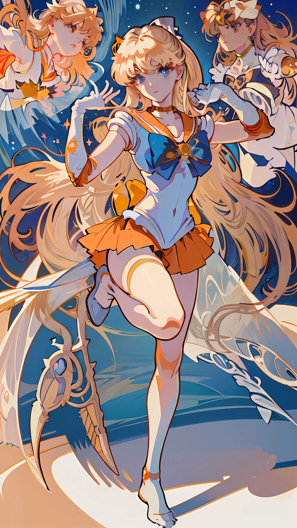 masterpiece,best qulity,8k,sailor venus,intricate,elegant,highly detailed,majestic,digital photography,broken glass,detailed face,detailed eyes,((by Alphonse Mucha)),sv1,sailor senshi uniform,orange skirt,elbow gloves,tiara,orange sailor collar,red bow,orange choker,white gloves,jewelry,full body,