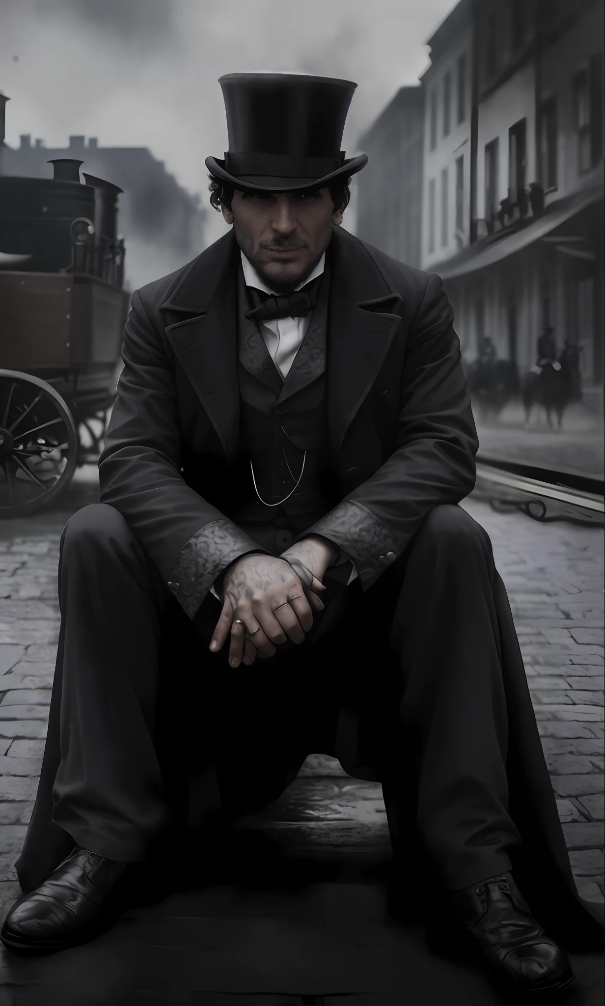 arafed man in top hat sitting on the ground in front of a horse drawn carriage, epic portrait of menacing, matte painting portrait shot, inspired by Jacob Collins, character poster, dramatic cinematic portrait, movie poster character, tone mapped william-adolphe, abraham lincoln, tom hardy as henry dorsett case, photorealistic logan movie still, cinematic full body shot