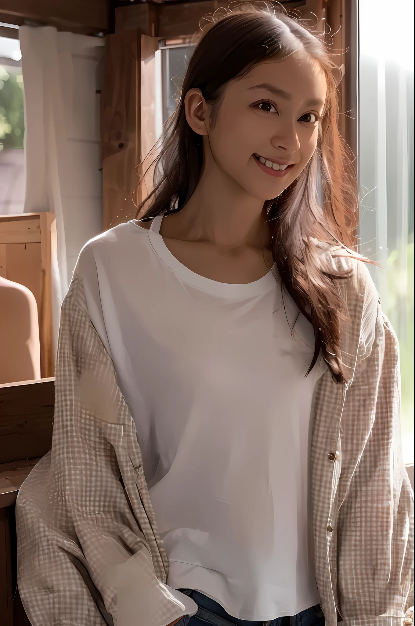 (Highly detailed CG Unity 8k wallpaper), (Masterpiece), (Best Quality), (Ultra Detailed), (Best Illustration), (Best Shadow), Ultra High Resolution, (Photorealistic: 1.4), One Girl at Home, (( (Very Oversized Shirt, Buttoned Shirt, Open Shirt)), (Men's Shirt), No Bra, Clavicle, (Small: 1.2), Small Nipples, (Long Hair: 1.2 ), looking at the camera, light smile, upper body, makeup, , bikini