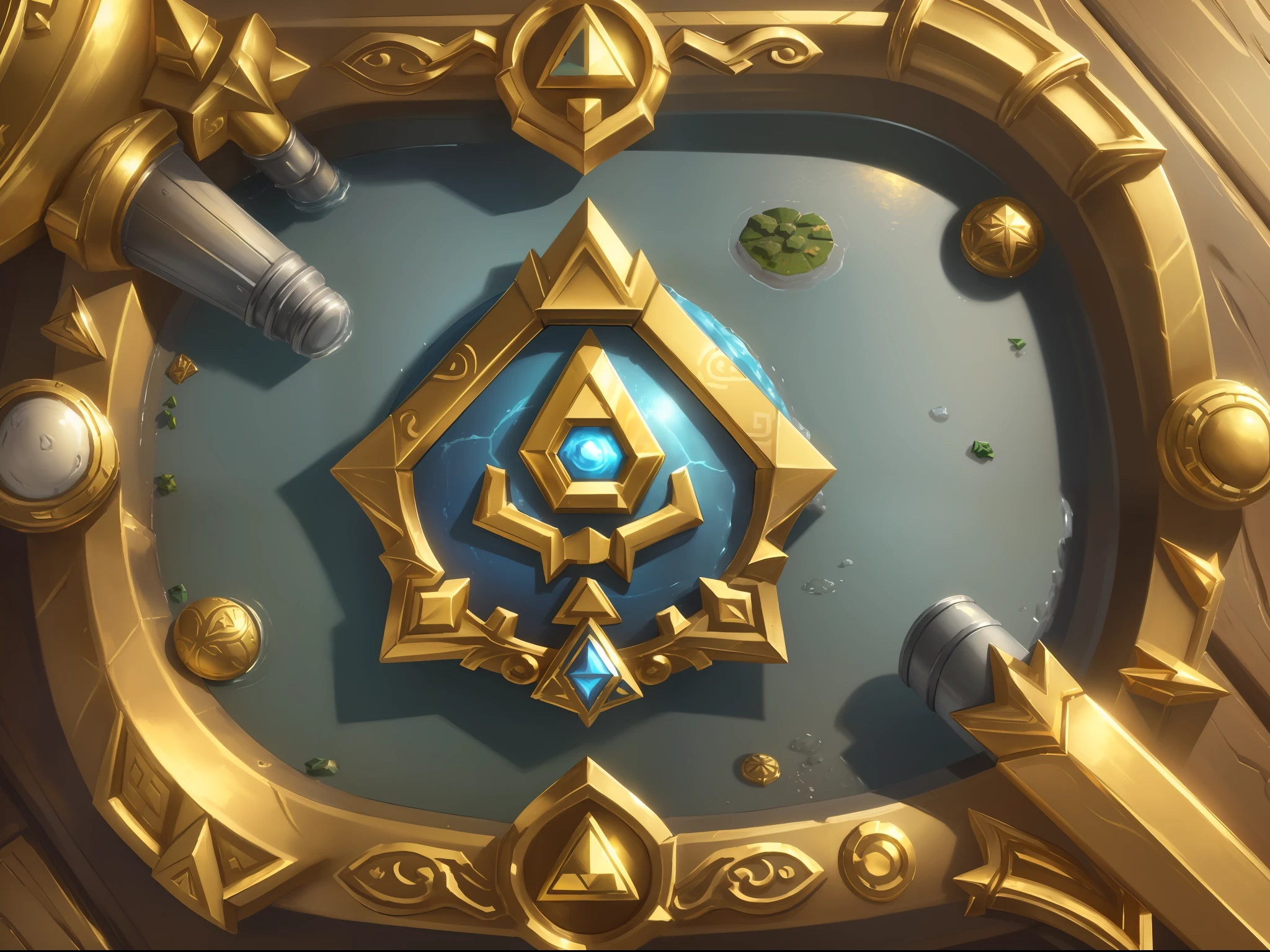 (absurd, highres, ultra detailed), (masterpiece: 1.4), (best quality: 1.4), (high resolution: 1.4), hearthstone_card, triforce emblem in the center with gold texture with silver, Zelda style, futuristic style, gold texture plumbing pipes covering the whole area, elements of Zelda.