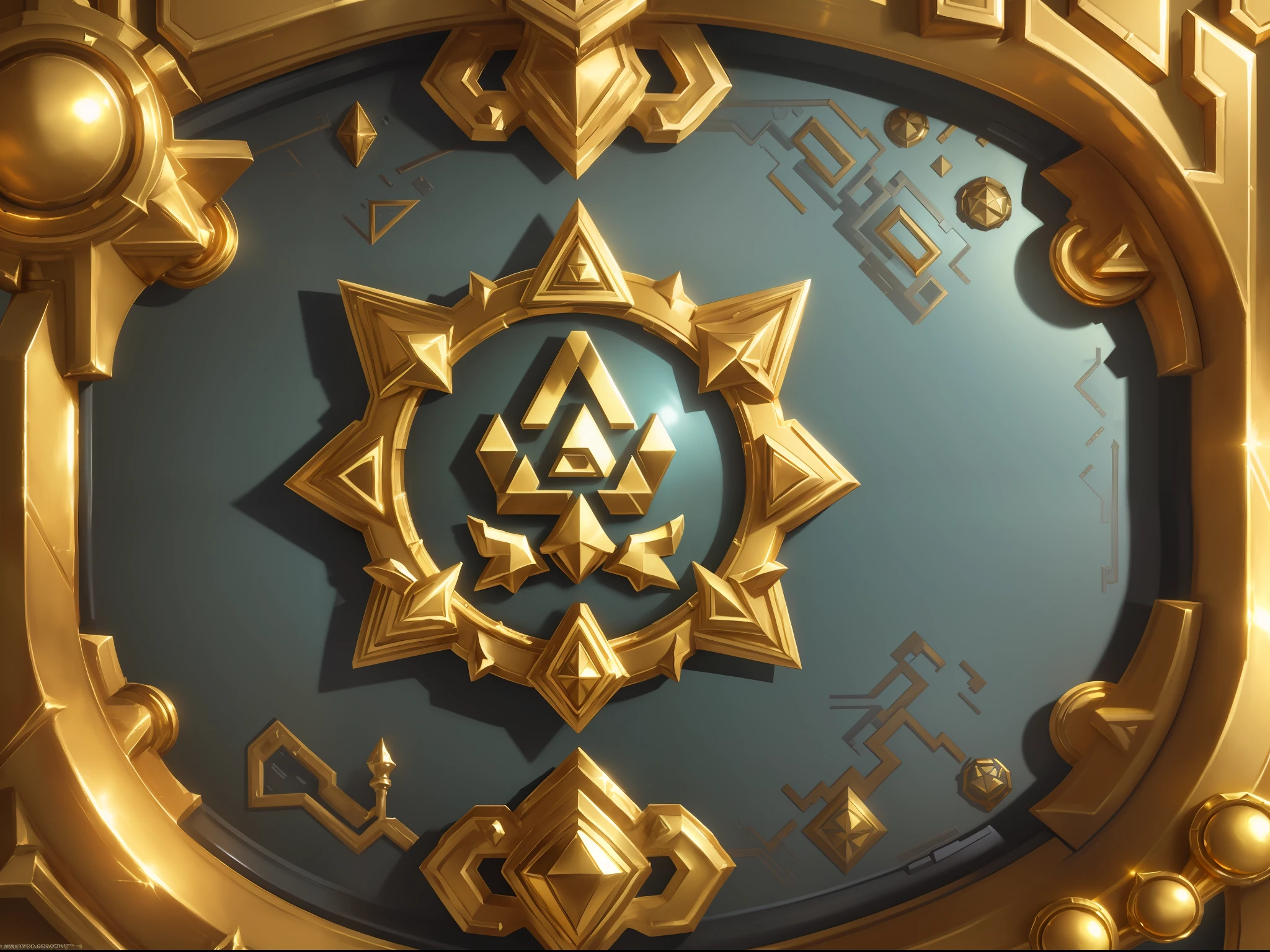 (absurd, highres, ultra detailed), (masterpiece: 1.4), (best quality: 1.4), (high resolution: 1.4), hearthstone_card, triforce emblem in the center with gold texture with silver, Zelda style, futuristic style, gold texture plumbing pipes covering the whole area, elements of Zelda.