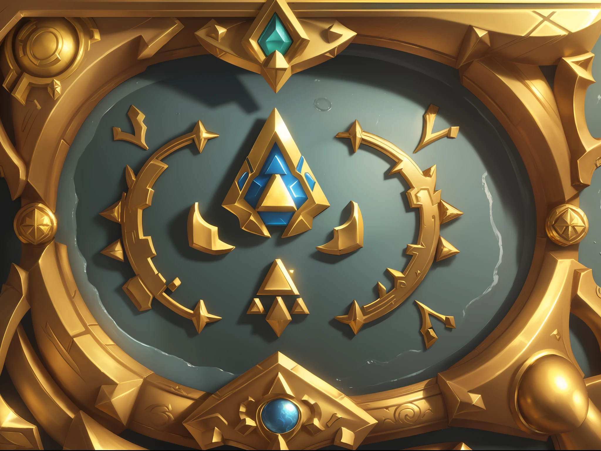 (absurd, highres, ultra detailed), (masterpiece: 1.4), (best quality: 1.4), (high resolution: 1.4), hearthstone_card, triforce emblem in the center with gold texture with silver, Zelda style, futuristic style, gold texture plumbing pipes covering the whole area, elements of Zelda.