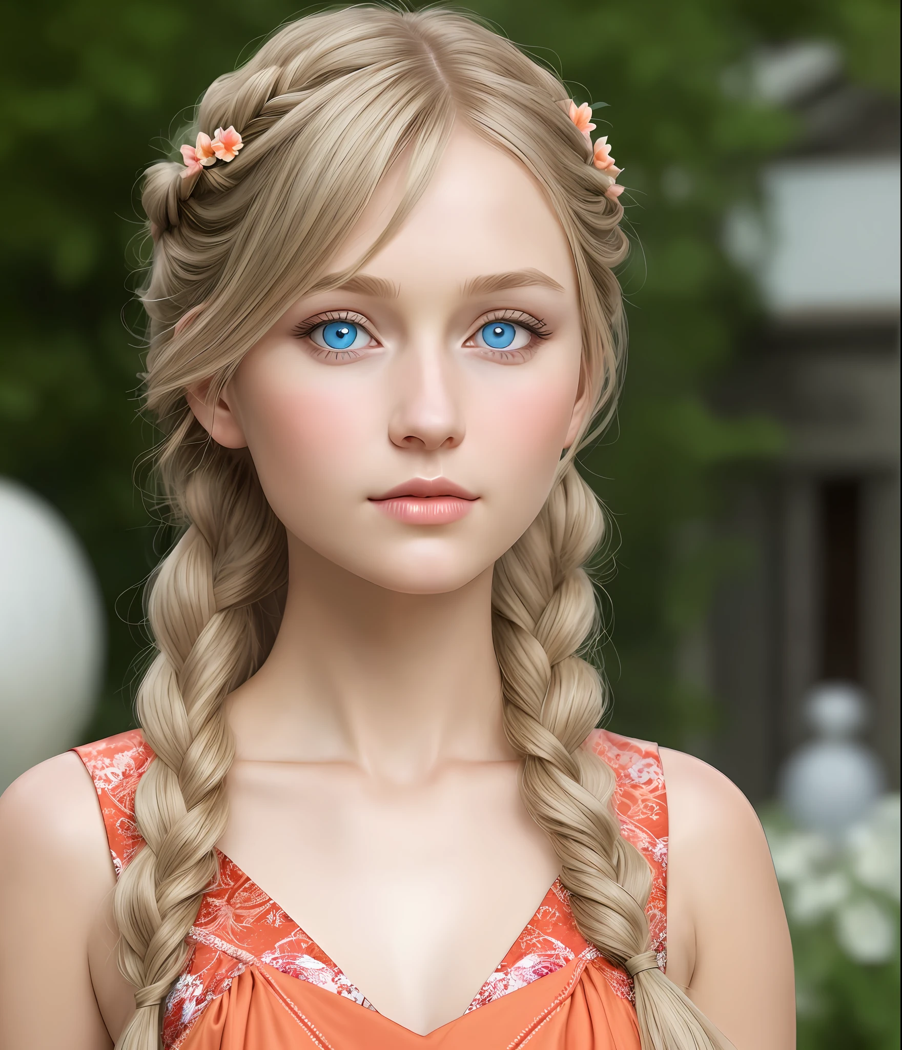 Turn the image into an avatar masterpiece, caucasian woman, traditional red dress from austria, stunning young woman, very soft light peach lips, thin lips, tan skin, detailed symmetric light blue eyes with circular iris, extremely detailed skin texture, peach fuzz, realistic, live action, photograph, above the waist, very cute, beautiful face, well groomed face, beautiful sad eyes, very cute, remove eyebrows, perfect anatomy, (light blue eyes), long dark blond straight hair, bangs, 8k resolution, human hands, highly detailed, smooth, stunningly beautiful, cinematic, detailed german hair braid, garden in the background