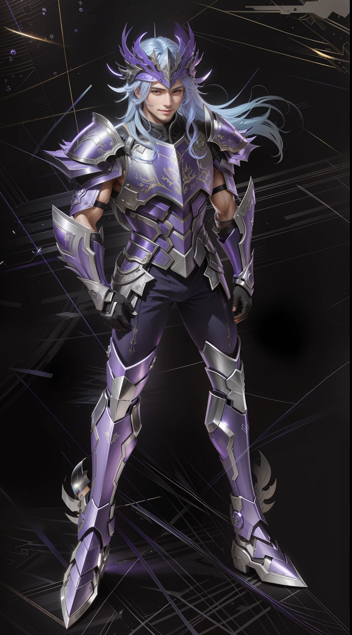 A man in purple armor, purple gorgeous armor, strong metallic luster texture, helmet, blue hair, smiling full body, light, black background, perfect fingers, holy robe style