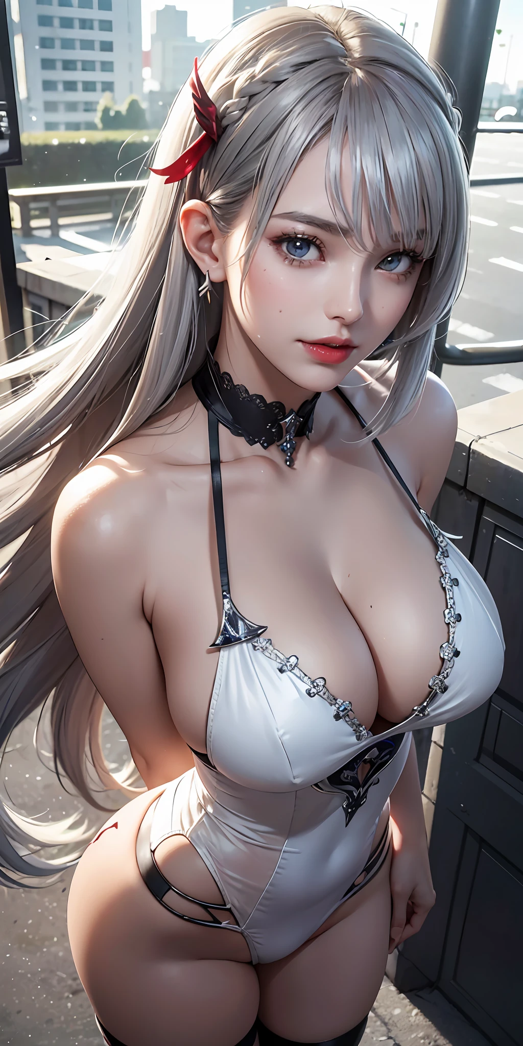 Dayat masterpiece, best quality,,
(RAW photo:1.2), (photorealistic:1.4),(masterpiece:1.4),(best quality:1.4),ultra high res,((detailed facial features)),HDR,8k resolution,1girl,looking at viewer,pleasure expression,happy,closed mouth,smile,young girl,cute,(city background),in the city,(silver hair),floating hair,long hair,(bangs),warm light,shiny_skin, shiny eyes, model pose, solo_focus, ((dynamic angle)),red lips,(vestia zeta:1.2), virtual youtuber, hair ribbon, hair ornament,street fashion, single (large breast) thigh strap,grey hair