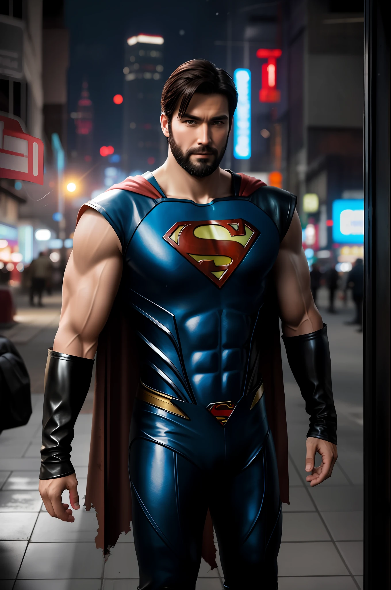 Realistic superman, full body, (old shabby:1.3) leather superman suit, beard, (muscular arms:1.2),fly, background of the cyberpunk city, snowfall, Fujifilm X-T4, 35 mm, cinematic lighting, ultra high detailed face and body