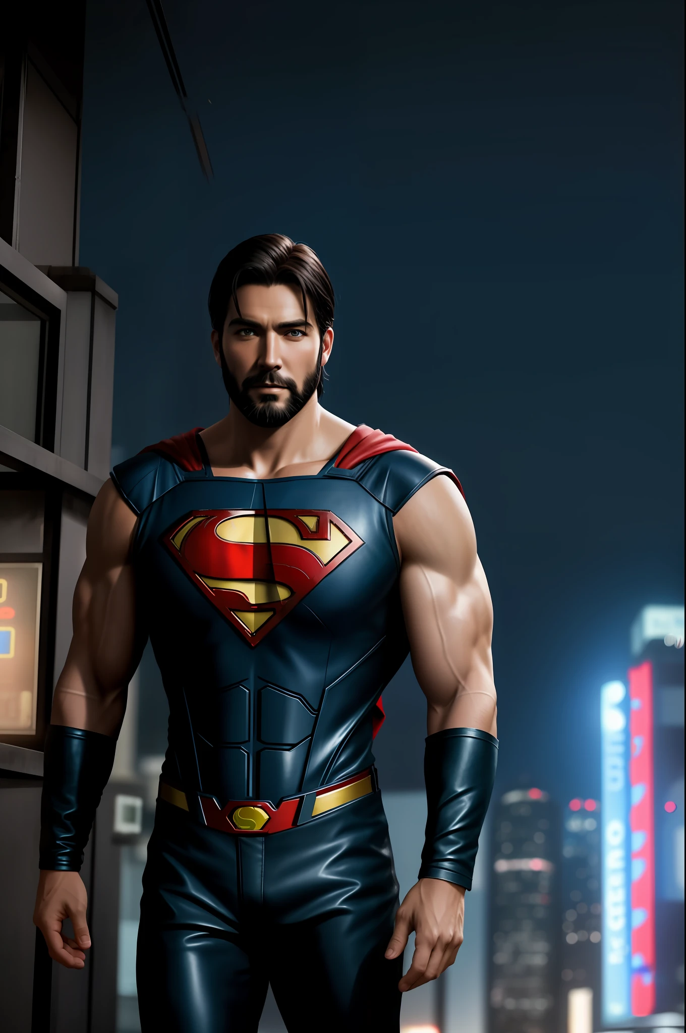 Realistic superman, full body, (old shabby:1.3) leather superman suit, beard, (muscular arms:1.2),fly, background of the cyberpunk city, snowfall, Fujifilm X-T4, 35 mm, cinematic lighting, ultra high detailed face and body