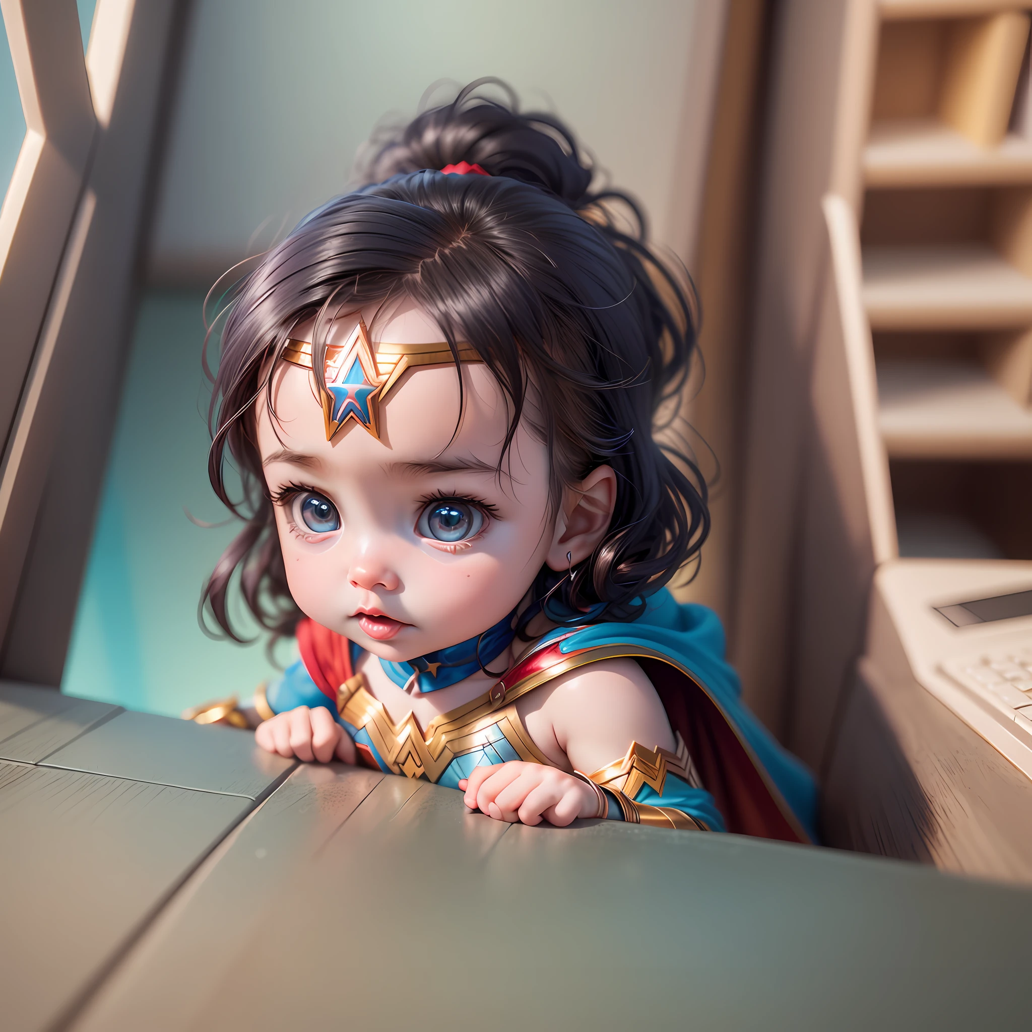 Cute and adorable cartoon wonder woman , fantasy, dreamlike, surrealism, super cute, trending on artstation, cinematic, dramatic colors, close-up, cgscociety, computer rendering, by mike winkelmann, uhd, rendered in cinema4d, hard surface modeling, 8k,render octane, inspired by beksinski