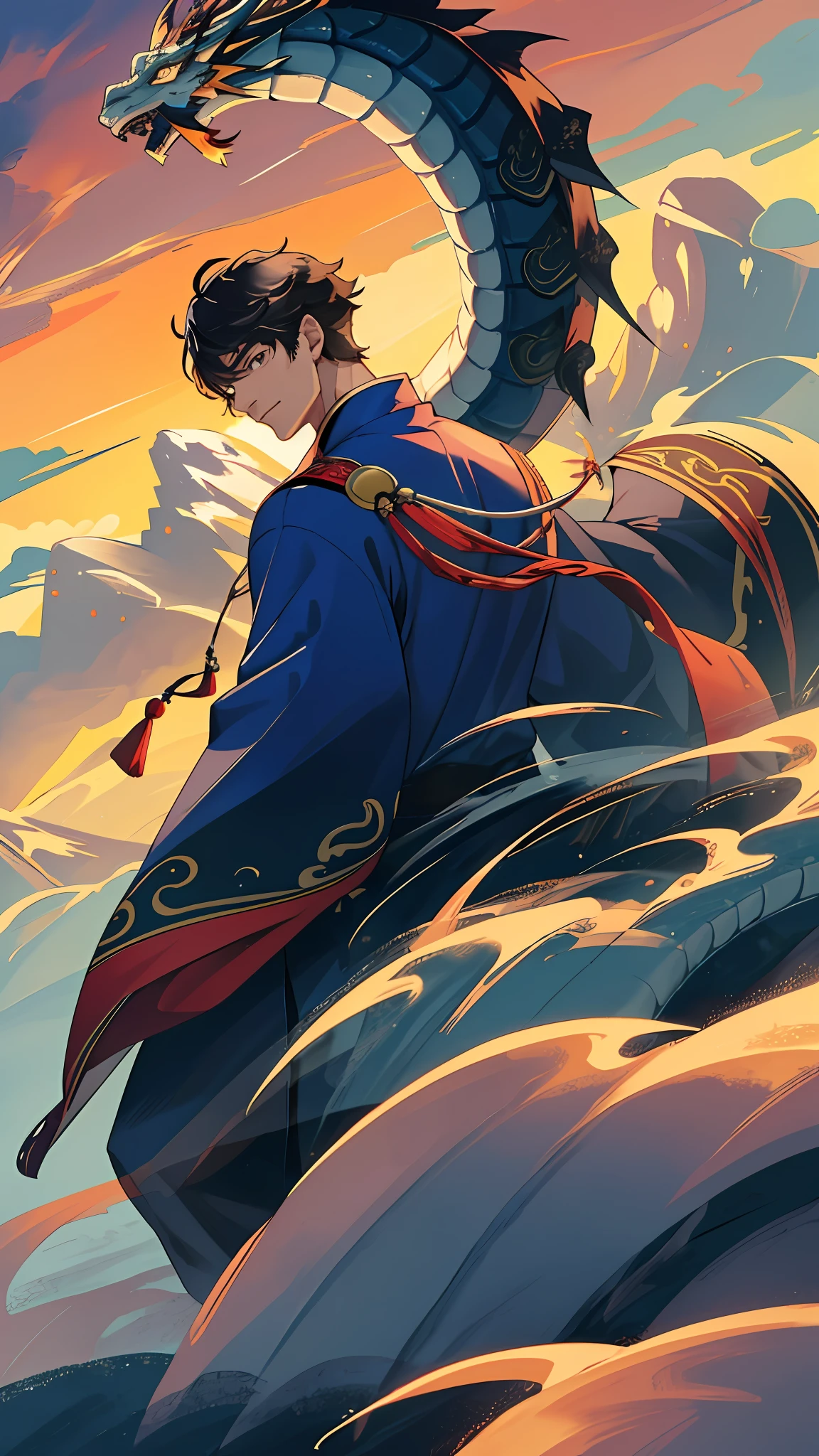 Extremely refined and beautiful, stunning, fine detail, masterpiece, hyper-detail, high resolution, (best illustration), (best shadow), intricate,
A beautiful male Taoist priest stands on the top of a mountain shrouded in clouds, from behind, fighting a Chinese dragon, (dragon: 1.4), clouds, mountains, storms, sunsets, (from below: 1.4),
Clear focus, volumetric fog, 8k UHD,, high quality,