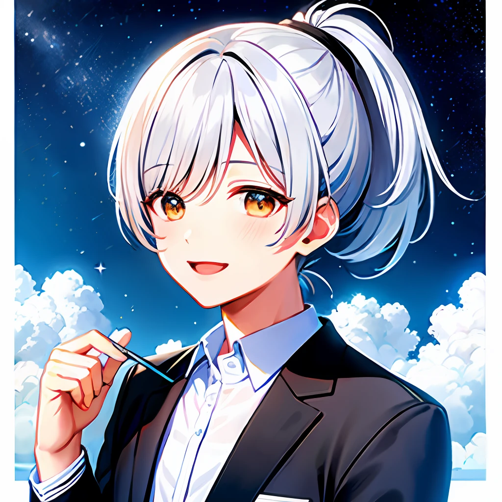 masterpiece, highest quality, 1boy, clouds, starry sky, sky, shooting star
gray hair, ponytail, center of the screen, clapping, smiling