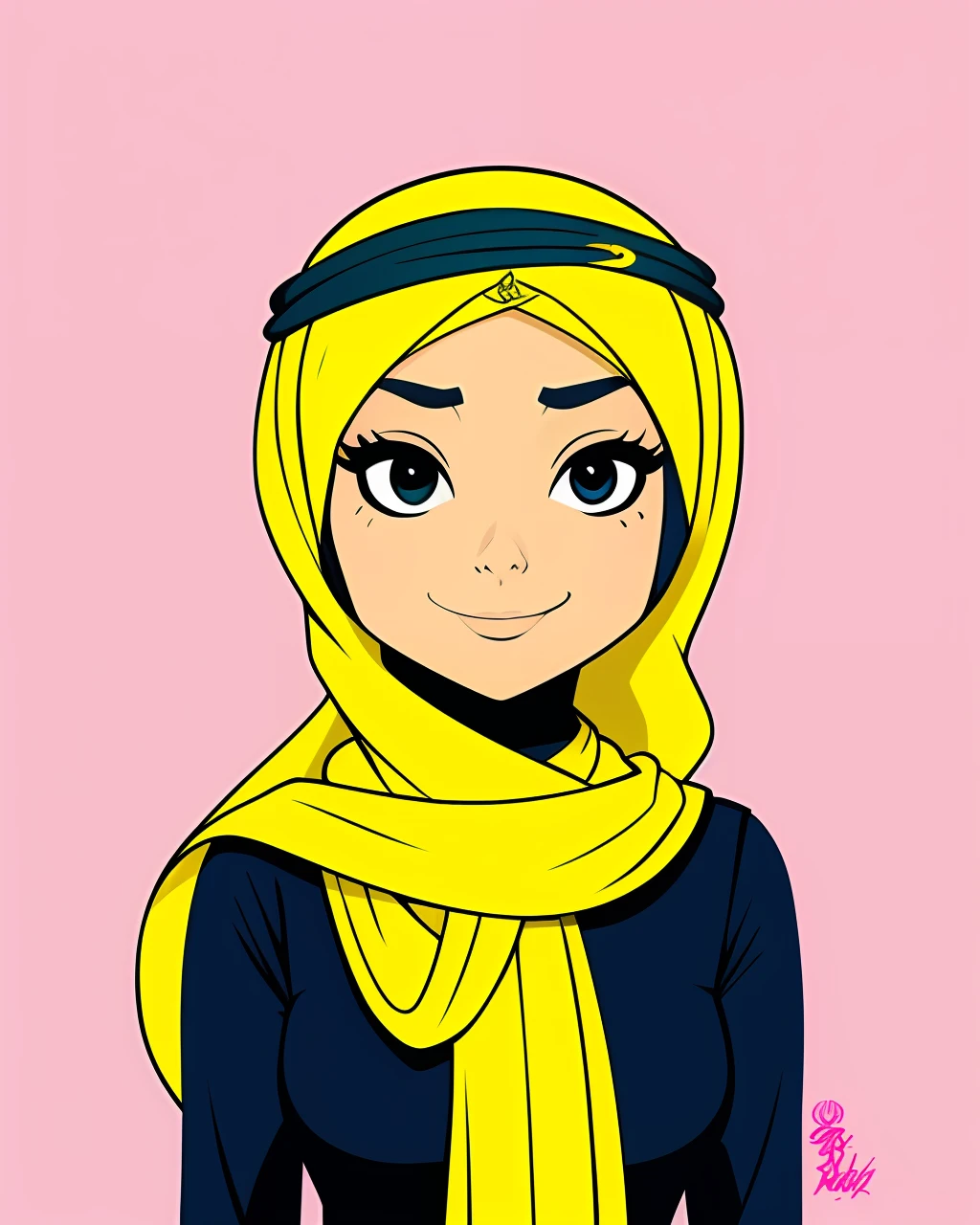 A Beautiful Arab Woman wearing hijab, flat background, style by Skottie Youn