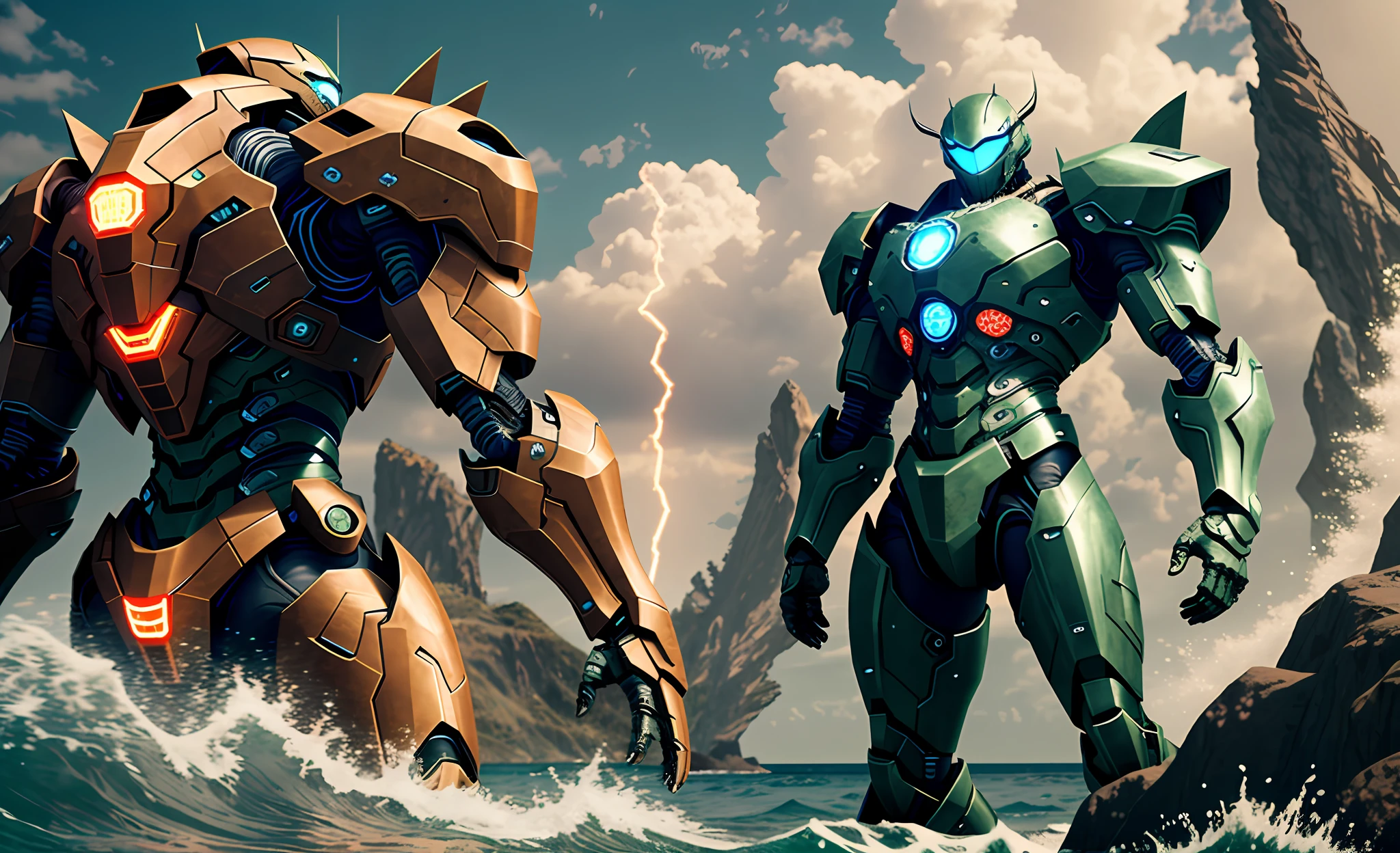 hdr+, 8k, QHD, backlighting, unreal engine, pacific rim j43g3r,mecha, standing face to face, intricate armored skin, complicated armor texture, overdetailed, strong geometry, glowing huge amounts of energy flows inside body,mechanical,standing on the ocean,
clear lines,glowing, gradient color, realistic