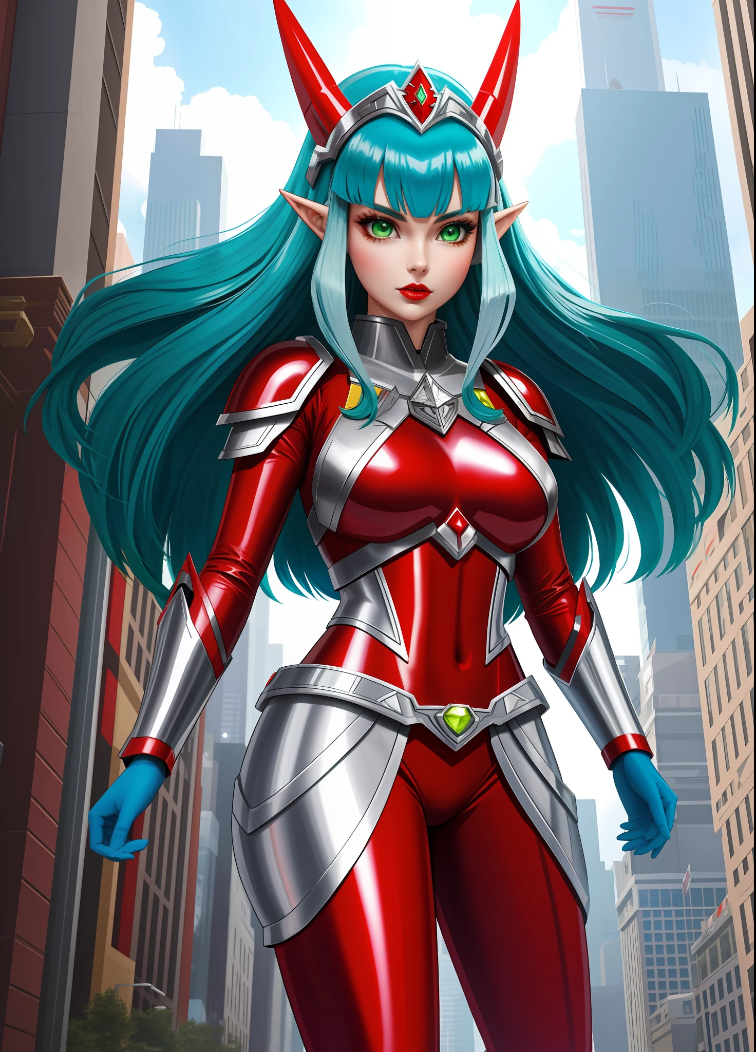 Full body image, standing, Princess Zelda giant, (red with silver costume:1.5), as Ultraman, immensely large breasts1, very tight body suit, heavy makeup on her face, light blue jewel on the breastplate, helmet on head, red lipstick on her mouth, (she green eyes:1.5, blue hair:1.5), Looking at the viewer from the front, she is in a futuristic city with several monsters attacking the buildings, Tokusatsu, Ultraman, anime style, cinematic lighting, 16k, UHD, masterpiece, best quality, high details