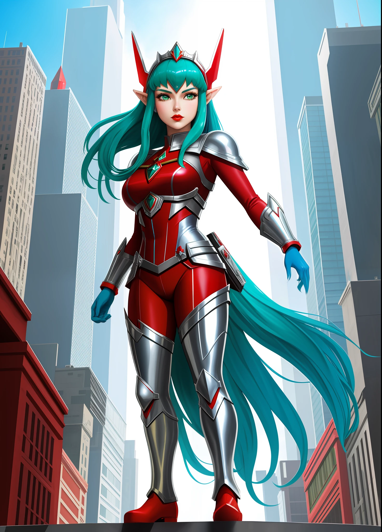 Full body image, standing, Princess Zelda giant, (red with silver costume:1.5), as Ultraman, immensely large breasts1, very tight body suit, heavy makeup on her face, light blue jewel on the breastplate, helmet on head, red lipstick on her mouth, (she green eyes:1.5, blue hair:1.5), Looking at the viewer from the front, she is in a futuristic city with several monsters attacking the buildings, Tokusatsu, Ultraman, anime style, cinematic lighting, 16k, UHD, masterpiece, best quality, high details