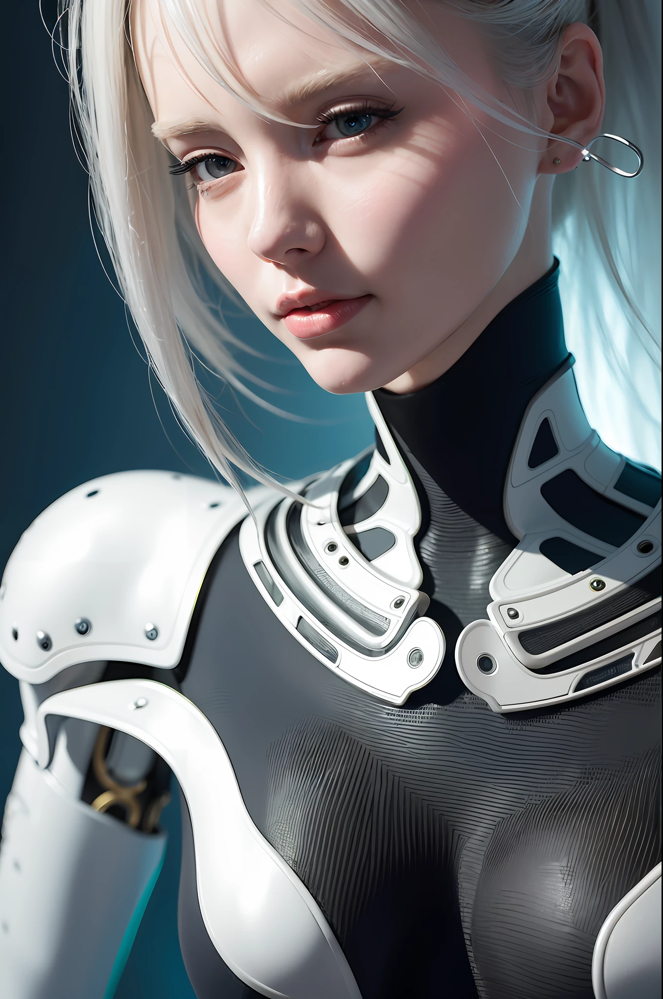complex 3d render ultra detailed of a beautiful porcelain profile woman android face, cyborg, robotic parts, 150 mm, beautiful studio soft light, rim light, vibrant details, luxurious cyberpunk, lace, hyperrealistic, anatomical, facial muscles, cable electric wires, microchip, elegant, beautiful background, octane render, H. R. Giger style, 8k, best quality, masterpiece, illustration, an extremely delicate and beautiful, extremely detailed ,CG ,unity ,wallpaper, (realistic, photo-realistic:1.37),Amazing, finely detail, masterpiece,best quality,official art, extremely detailed CG unity 8k wallpaper, absurdres, incredibly absurdres, robot, silver halmet, full body