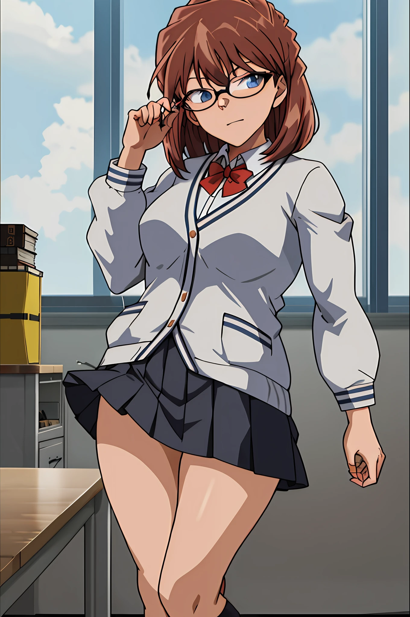 masterpiece, best quality, highres, haibara ai,haibaratv, brown hair, solo, blue eyes, wrist scrunchie, long hair, red socks, school uniform, black skirt, bangs, pleated skirt, orange scrunchie, red bow, white cardigan, long sleeves, bowtie, white shirt, miniskirt, white sweater, cowboy shot, ugly bastard behind, ugly bastard, ugly fat guy behind her, ntr genre, fat guys, fat guy spectacles, fat teacher ugly
