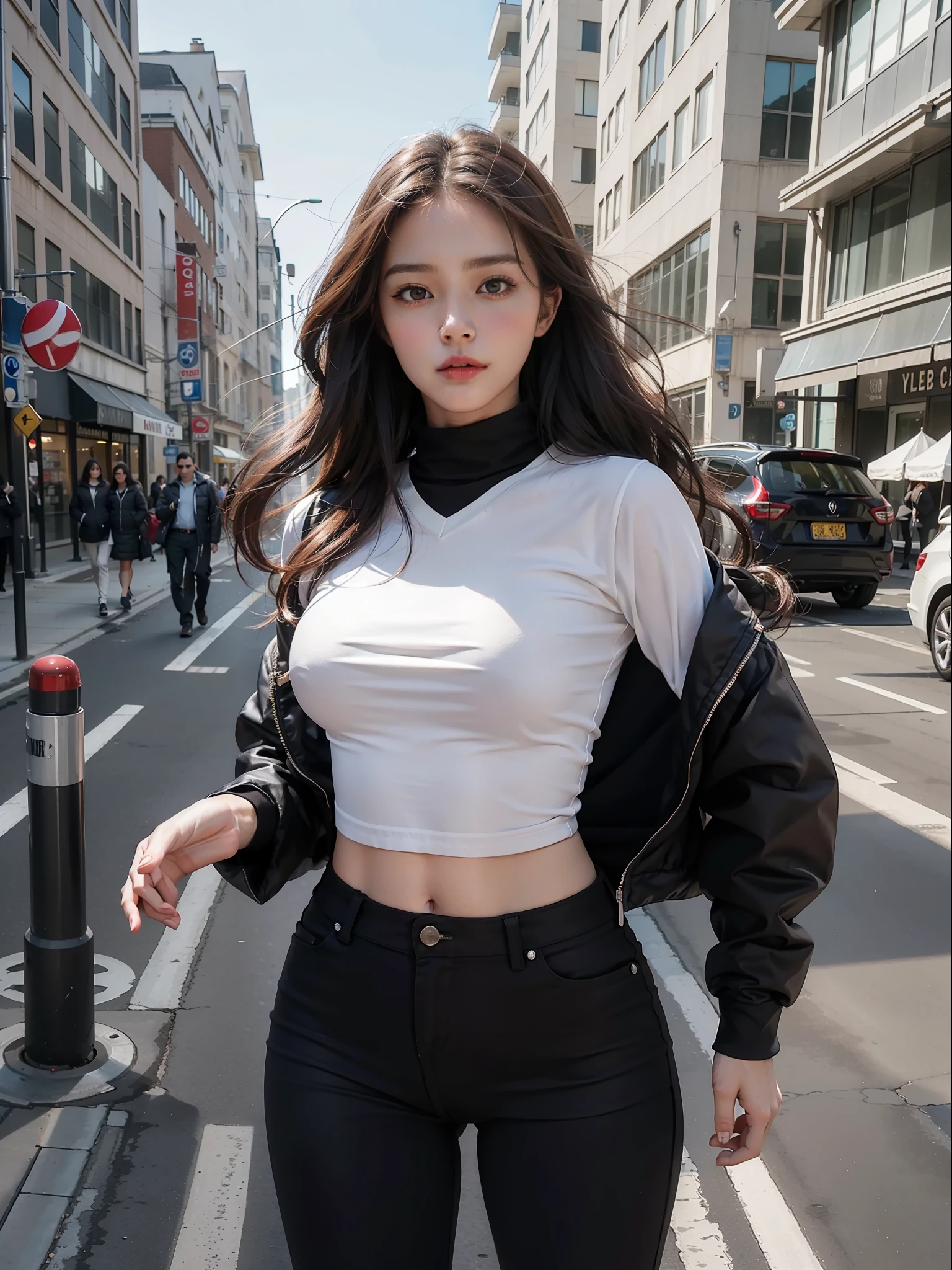 Top Quality, Masterpiece, Ultra High Resolution, (Photorealistic: 1.4), Raw Photo, (Perfect Body Shape), Dynamic Pose, 1 Girl, Hips Up, Solo, Uniform, On the Street, Deep Shadows, Unobtrusive, Cold Light 12000K