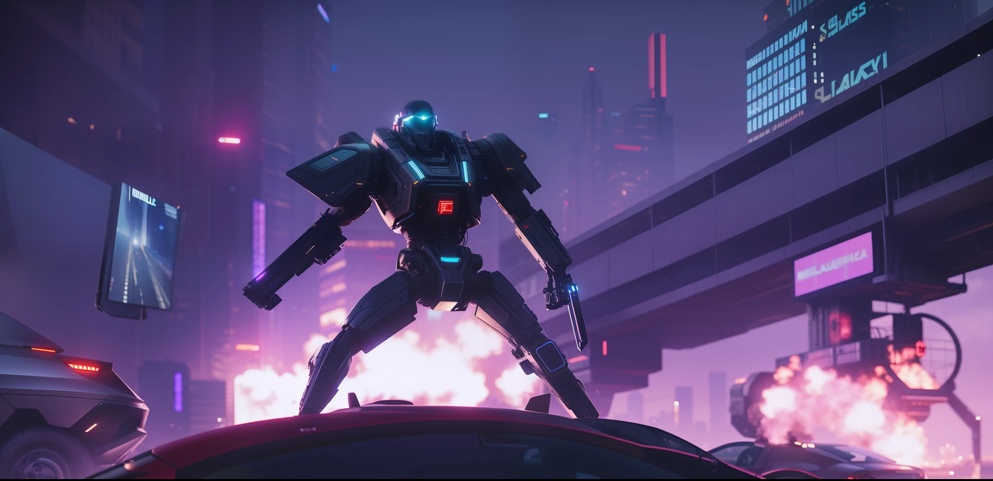 (Masterpiece), 4k, high quality, high finish, (extremely complex: 1.3), (reality), a man standing on a city car and preparing for battle back, cyberpunk 2077, cyberpunk art style, cyberpunk shadows, dark cyberpunk illustrations, cyberpunk art style, background artwork, cyberblack , mecha aesthetics, cyberpunk themed art, chasing vehicle explosions, confrontation, high-speed vehicles, electronic screen. HD, dramatic, award-winning, cinematic lighting, octane rendering, Unreal Engine, volumetric