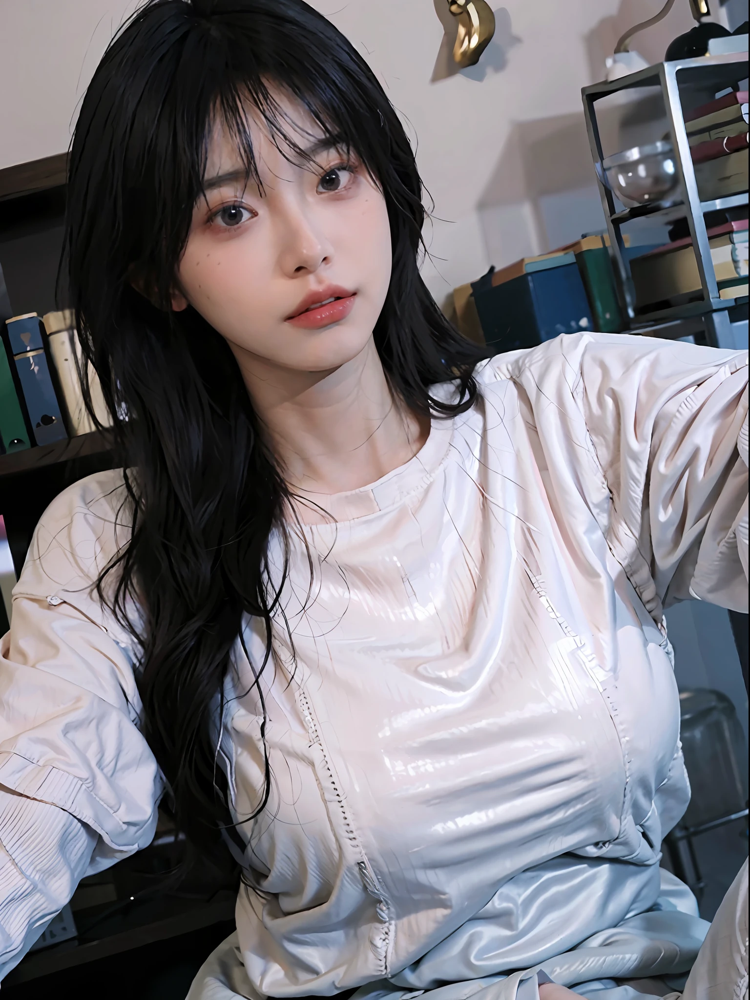 Best quality, masterpiece, super high resolution, realistic, a girl, (pretty face: 1.4), pink neck tight shirt, blue sweatpants (big breast, narrow waist), flush bangs, chi hair, in the library, background blurred, beautiful lights, shiny skin