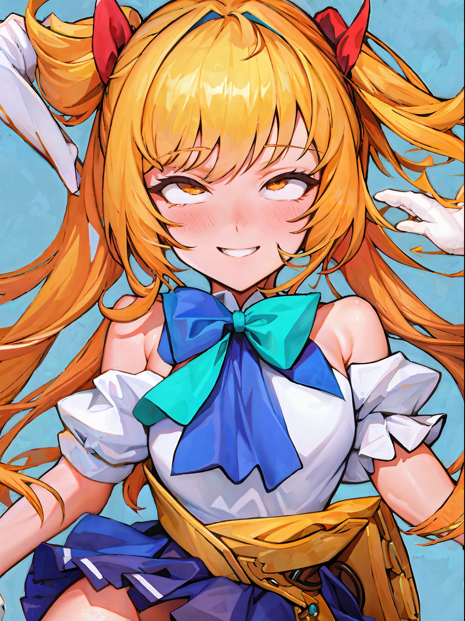 (extremely detailed CG unity 8k wallpaper,masterpiece, best quality, ultra-detailed), best lighting, soft breathing, floating in the air, high saturation, dynamic angle, medium-near viewing angle, lots of color, (a girl), school uniform, smiling and playful, neck bow, long blue pigtails, white and detailed tights, socks, looking directly at the camera, (anime style filter).