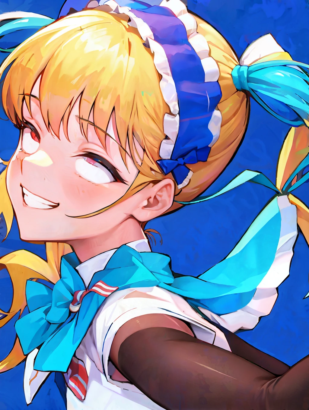 (extremely detailed CG unity 8k wallpaper,masterpiece, best quality, ultra-detailed), best lighting, soft breathing, floating in the air, high saturation, dynamic angle, medium-near viewing angle, lots of color, (a girl), school uniform, smiling and playful, neck bow, long blue pigtails, white and detailed tights, socks, looking directly at the camera, (anime style filter).