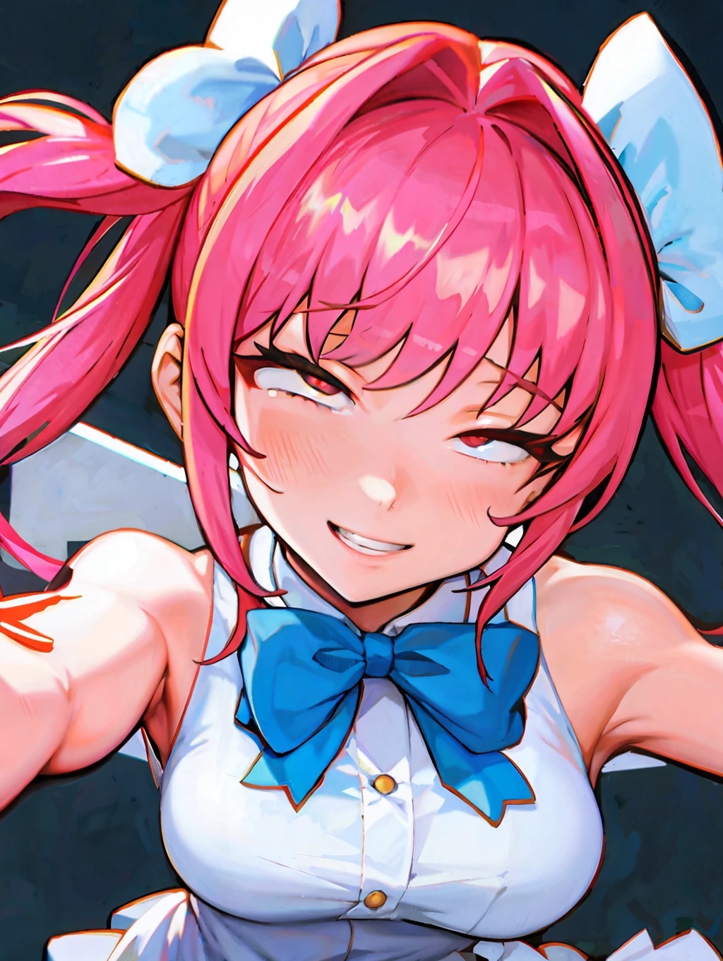 (extremely detailed CG unity 8k wallpaper,masterpiece, best quality, ultra-detailed), best lighting, soft breathing, floating in the air, high saturation, dynamic angle, medium-near viewing angle, lots of color, (a girl), school uniform, smiling and playful, neck bow, long blue pigtails, white and detailed tights, socks, looking directly at the camera, (anime style filter).