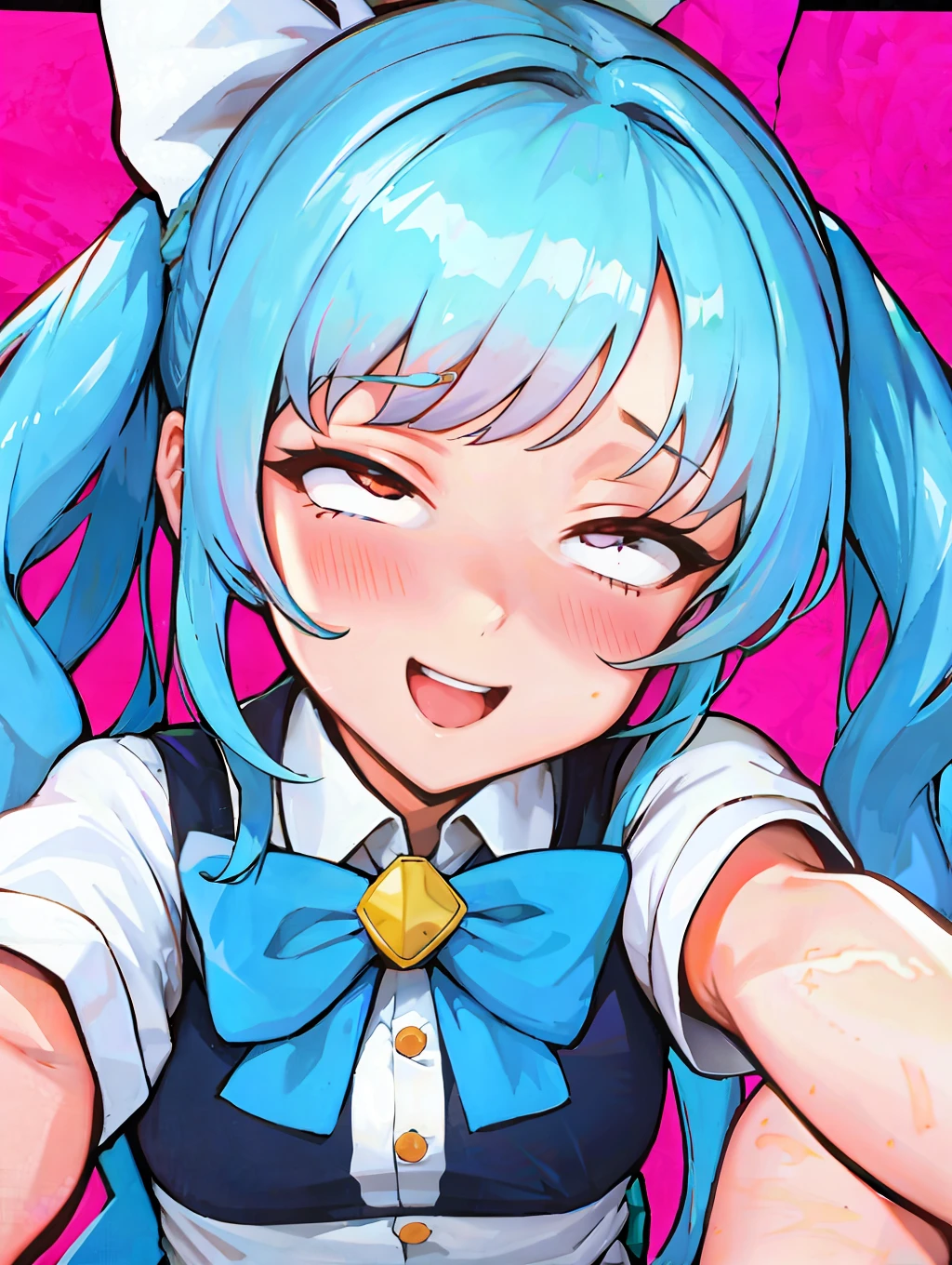 (extremely detailed CG unity 8k wallpaper,masterpiece, best quality, ultra-detailed), best lighting, soft breathing, floating in the air, high saturation, dynamic angle, medium-near viewing angle, lots of color, (a girl), school uniform, smiling and playful, neck bow, long blue pigtails, white and detailed tights, socks, looking directly at the camera, (anime style filter).