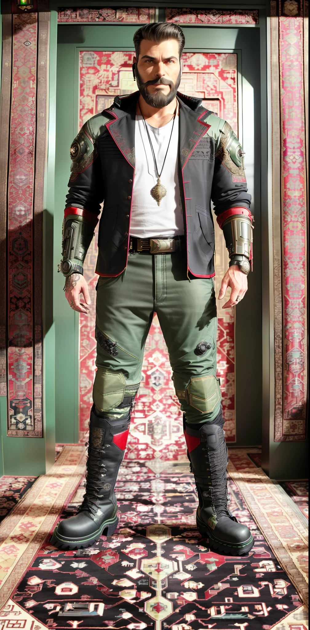 portrait of a (middle aged:1.1) rugged, good looking, futurist cyberpunk thief trader wealthy, (smirking:1.5), looking at camera, fit, toned, muscled, relaxed pose, wearing ((washed out green grey:1.1) and (washed out red:1.1) technological ornate (high quality futurist scifi suit:1.2)), (heavy big soles combat boots:1.5), ((short:1.1) intricate jacket, closed, high red collar), long sleeves
short black hair, (intricate short black beard, goatee cut:1.1),
(holster on chest with futurist scifi lasergun), full body shot,
indoor, (nice place:1.5), (wealthy study:1.5), amazing desk, computer, wealthy, rich, ornate, intricate, rare wood, (ornate oriental carpet:1.5), high quality furniture, old spice
masterpiece, intricate, hyper realistic, many details