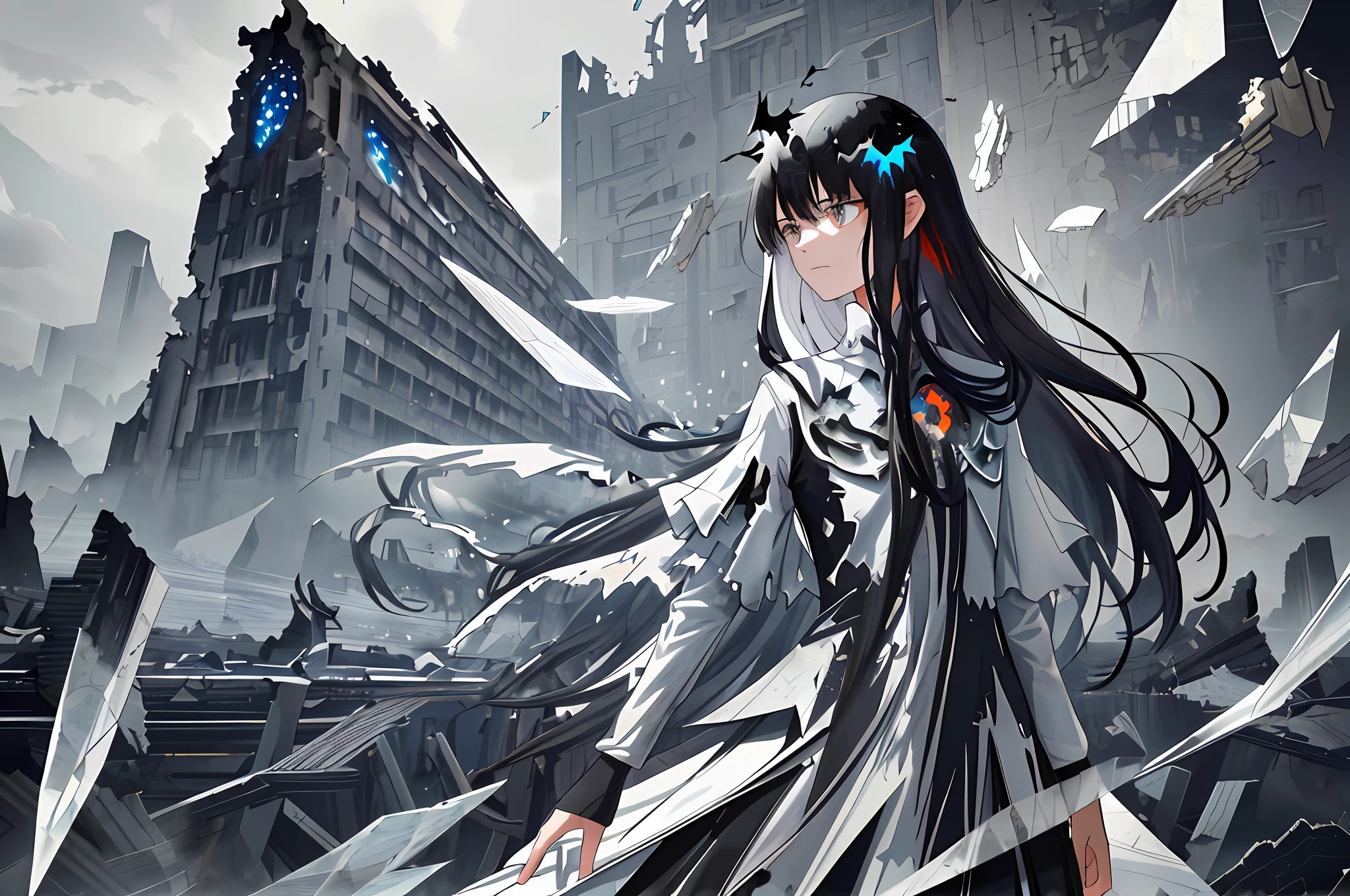 (masterpiece), best quality, (wallpaper), highly detailed, (1 girl), solo, black hair, long hair, white eyes, detailed eyes, black dress, dynamic, lateral view, cowboy shot, dynamic angle, (ether:1.5), (landscape:1.2), (dissolving:1.2), (fading:1.35), (disintegration:1.5), transparent, grey sky, [wings:(dimensional space):0.35], (broken glass:1.2), reclaimer of my name, The End