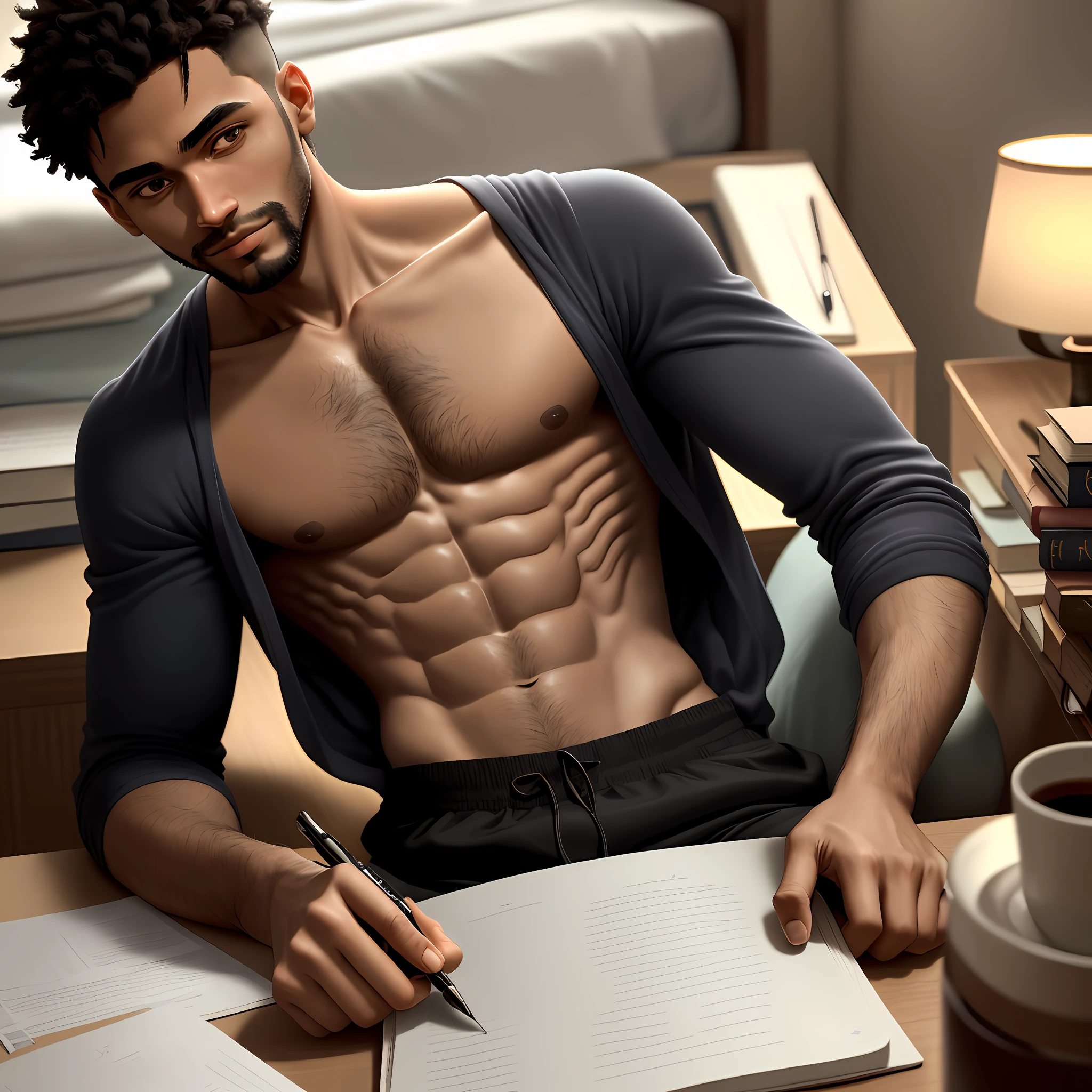 The personal effects on the table next to the bed suggest that he is an organized and disciplined person, with books, pens and notes in order. The collarbone highlighted by the soft lighting suggests a slender and healthy figure, with an upright and confident posture. His nimble fingers on the notebook keyboard reveal a technical skill and a sharp mind, focused on what he's doing. It is an engaging and inspiring scene, which leads us to think about the importance of dedicating oneself to an activity with passion and commitment, even in moments of tranquility and introspection.man alone, with black skin, short hair short beard beautiful details of hand perfect eyes, fleshy lips realistic image, with realistic details