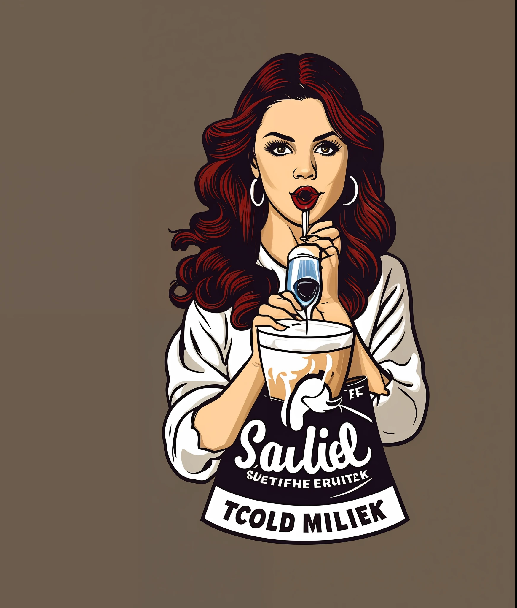 Beautiful girl sipping cold milk, vintage style, (t-shirt design), realistic volumetric masterpiece light