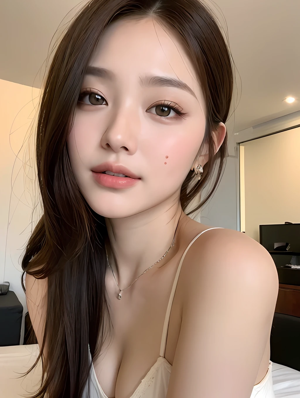 ((Best Quality, 8k, Masterpiece: 1.3)), Beauty Sleeping in Bed (1.3), Good Night, Night, Focus Clear: 1.2, Outstanding Beauty in Style: 1.4, Breasts about to spill: 1.2, ((Brown hair, big breasts: 1.2)), In a Western-style room, only pendant light light, cleavage visible, very detailed face and skin texture, detailed eyes, double eyelids, Smile (1.3) Natural Makeup