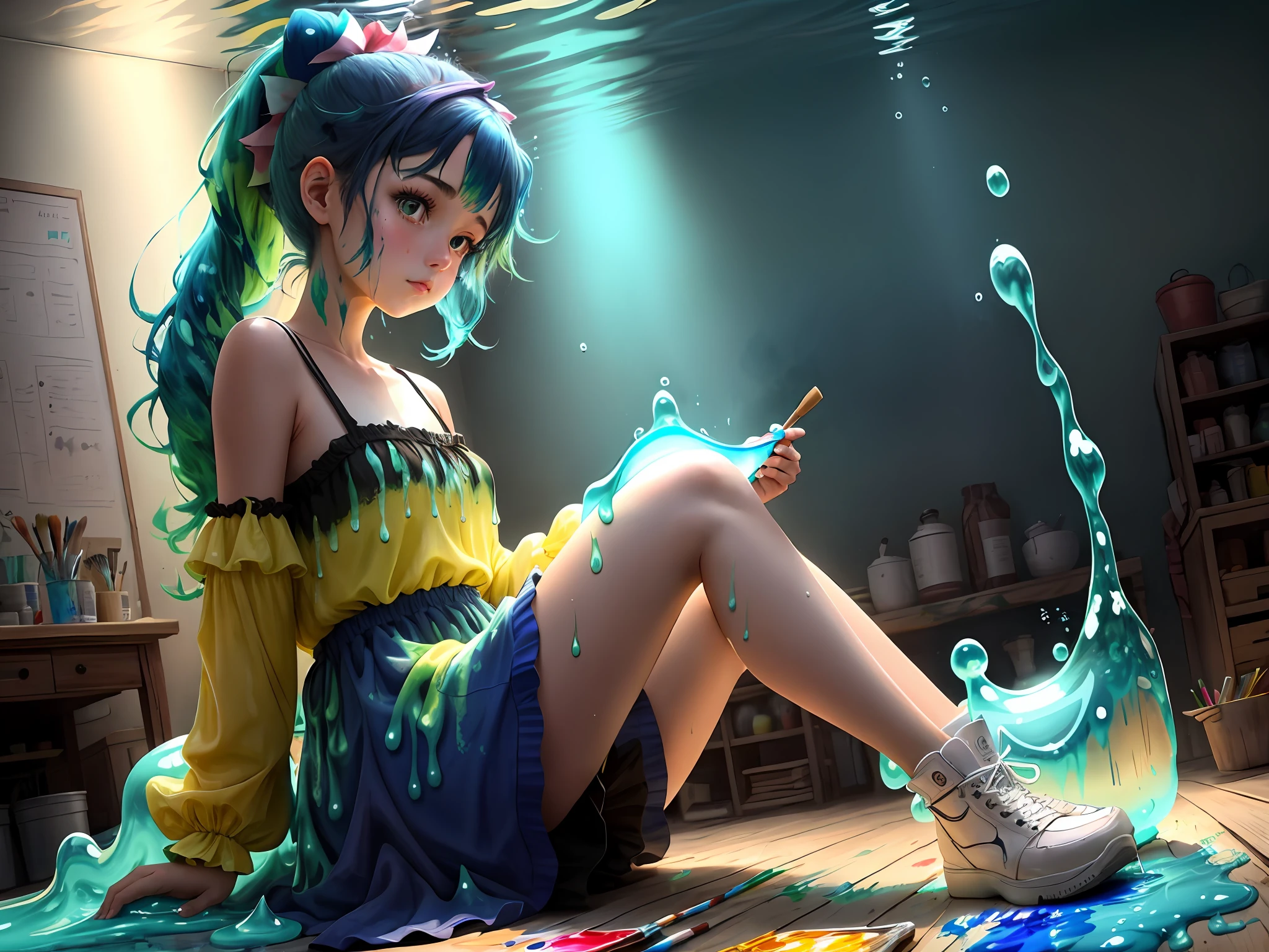 A girl is sitting ,(( a very large brush)), ((Paint Slime  smearpackages around it a lot of colored sides))and the girl is holding a cup stained with paint, and the dress is stained with paint, beautiful and cute, dark blue hair, green hair, hair between eyes, long hair, split ponytail, leaf hair ornament, dilated pupils, long pointy ears, glowing light, partially underwater shot, wide shot, Low-Angle, super detail