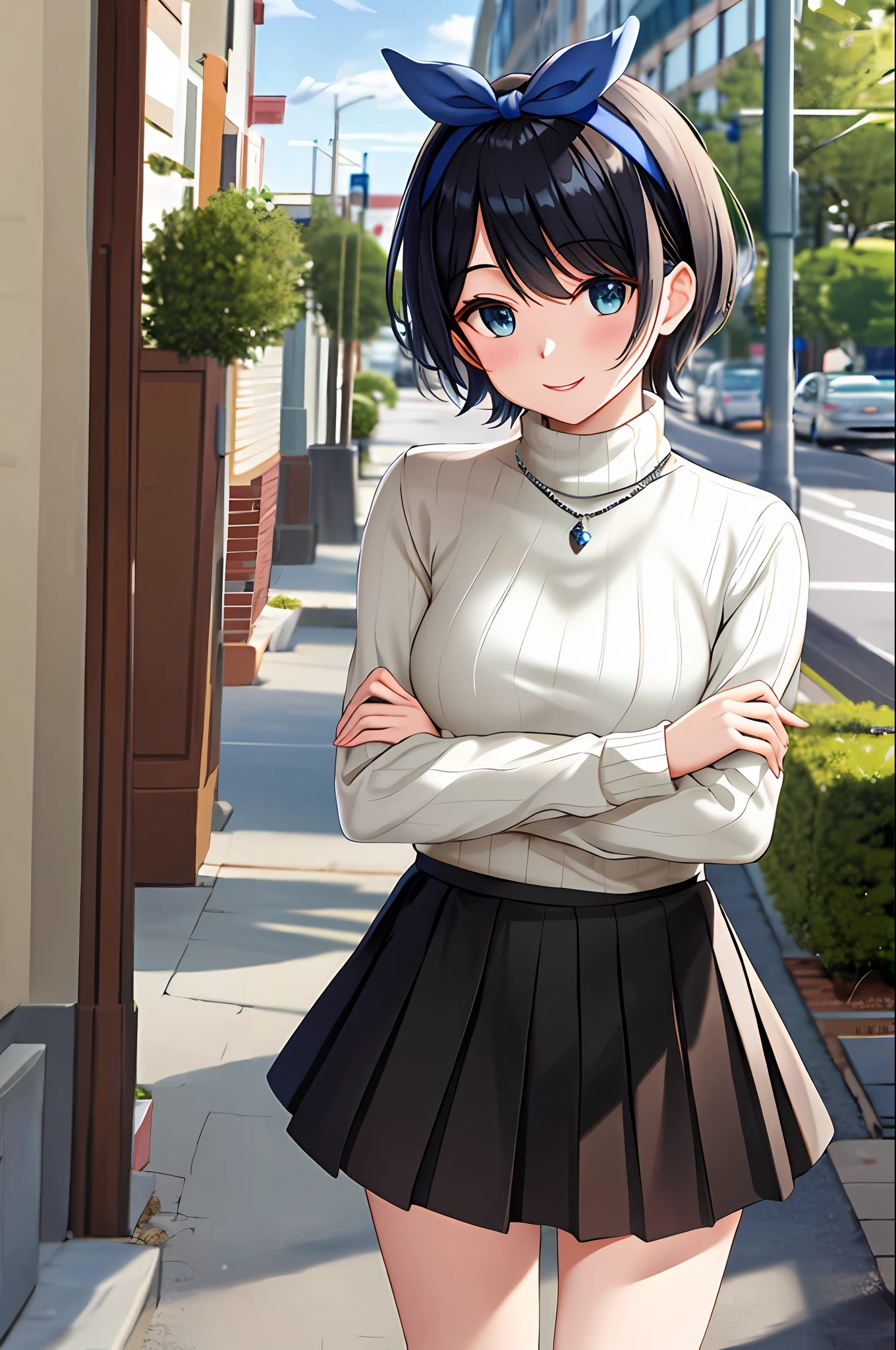 Masterpiece, Best Quality, Hi-Res, 1girl, Solo, Jewelry, Skirt, Sweater, Necklace, Black Skirt, Black Hair, Short Hair, Ribbed Sweater, Socks, Turtleneck Sweater, Turtleneck, White Socks, Blue Eyes, Long Sleeve, Pleated Skirt, Panties Folded Up From the Front,Ribbon, Breasts, Bow, Hair Ribbon, Hair Band, Hair Bow, Bangs,, Make, , , Cowboy Shot, Smile,